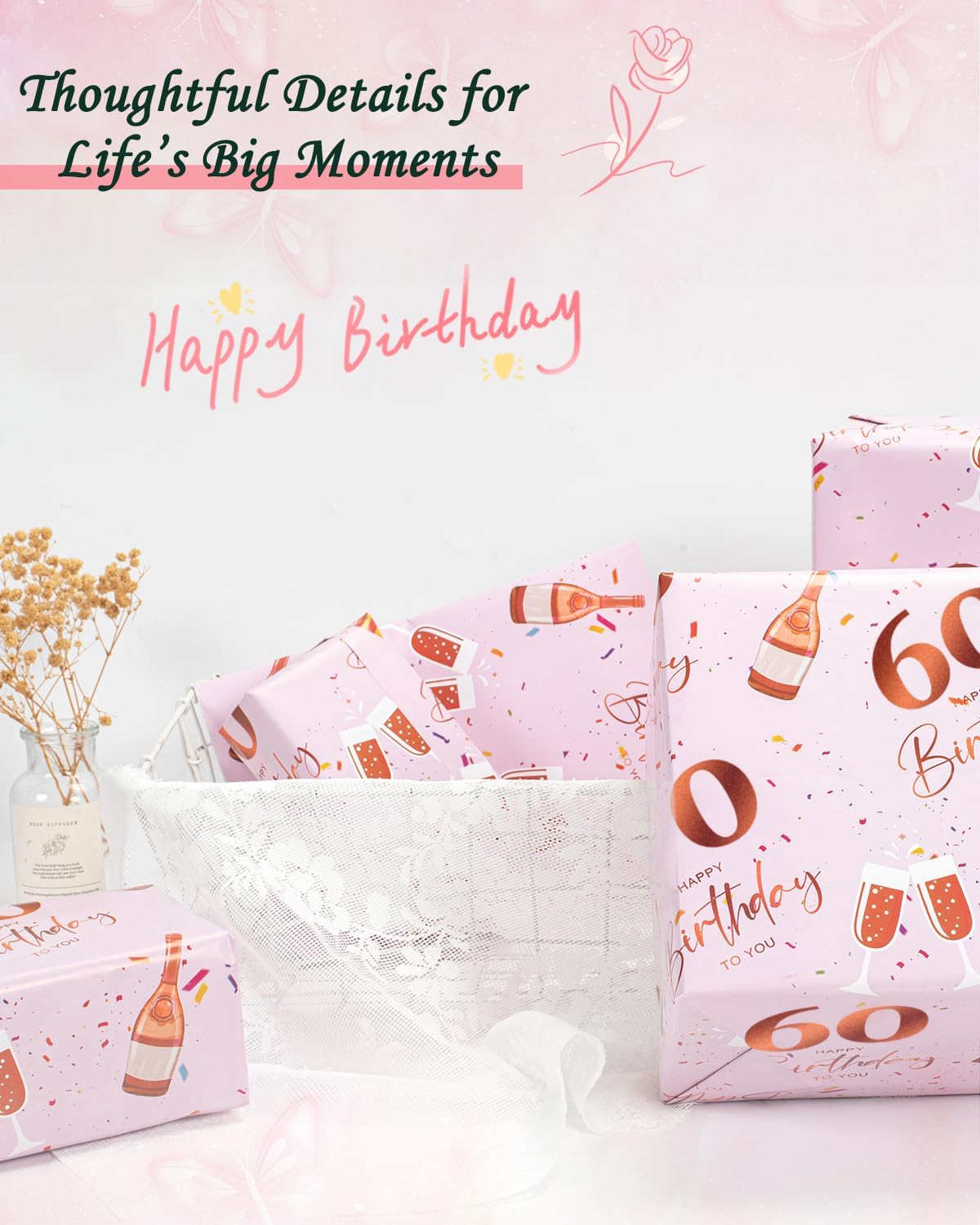Thumbnail 5 de Vinuwu 6 Sheets 60th Birthday Wrapping Paper – Rose Gold Pink 70x50cm, Plastic Free & Recyclable