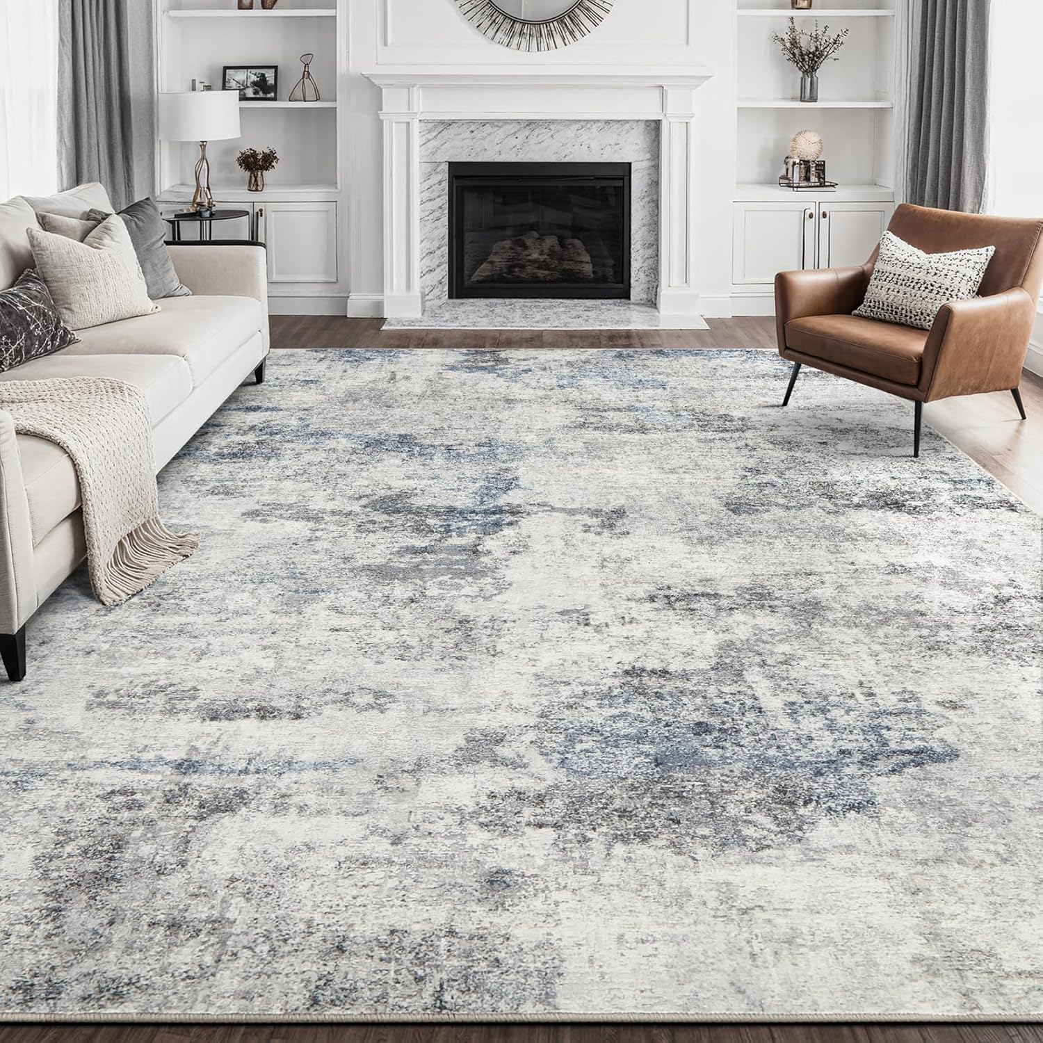 Detalle de DMOYEST 9' x 12' Washable Abstract Area Rug, Grey Blue Low-Pile