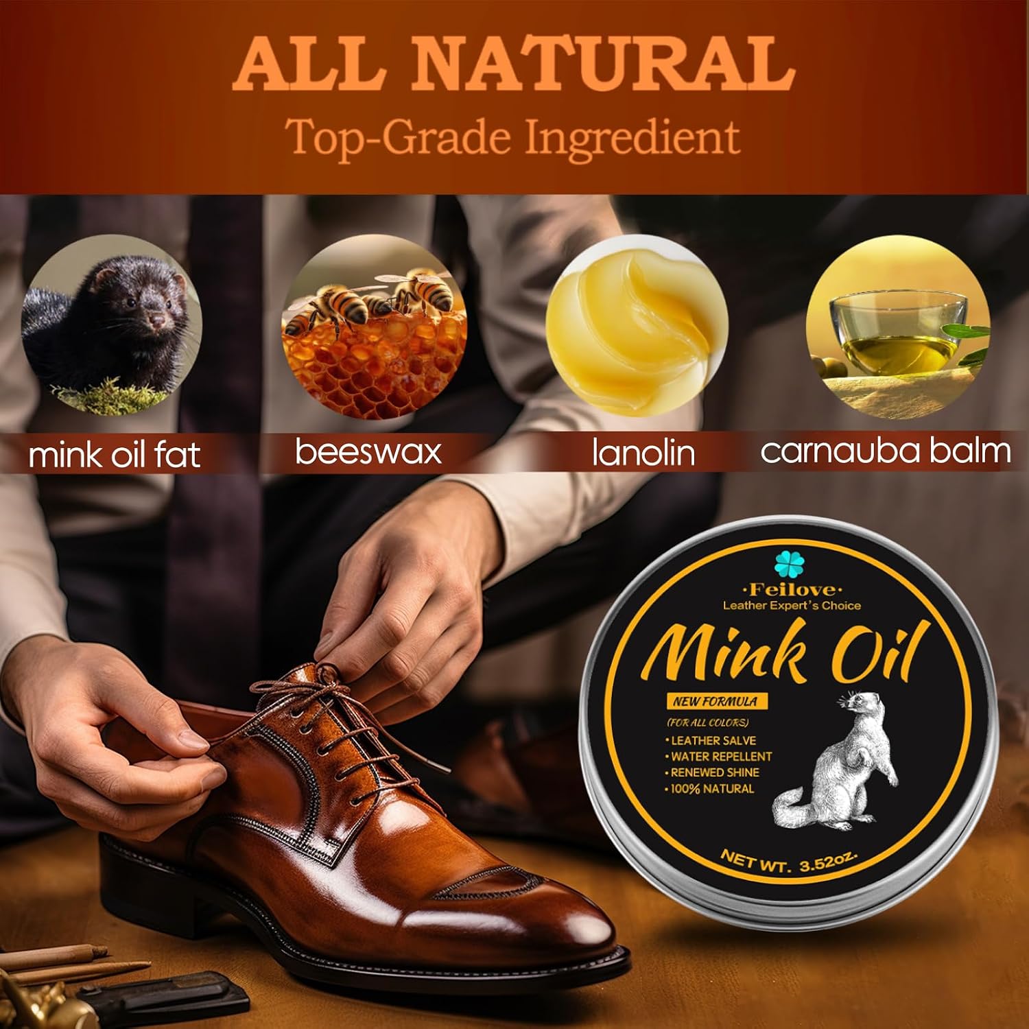 Detalle 2 de Feilove Mink Oil Leather Conditioner and Cleaner, 3.52 oz Waterproof Formula