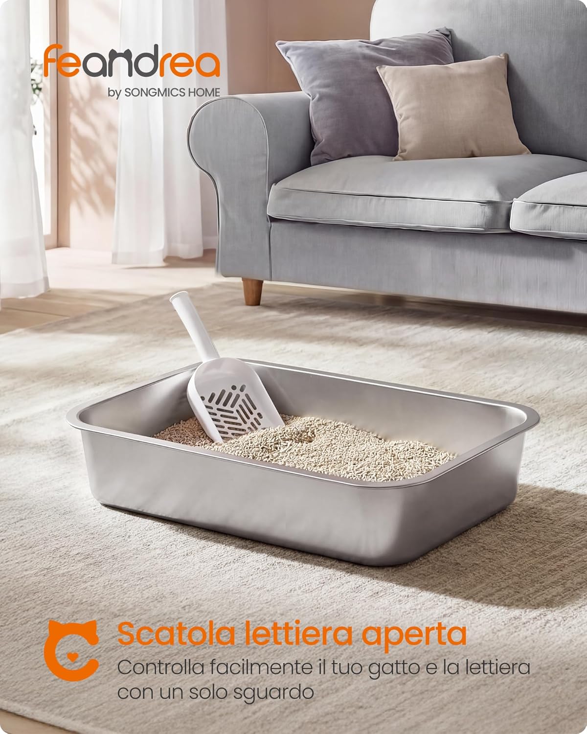 Detalle 2 de Feandrea Lettiera per Gatti in Acciaio Inox, Vaschetta Aperta 50 x 35 x 15 cm – Argento PPT016E101
