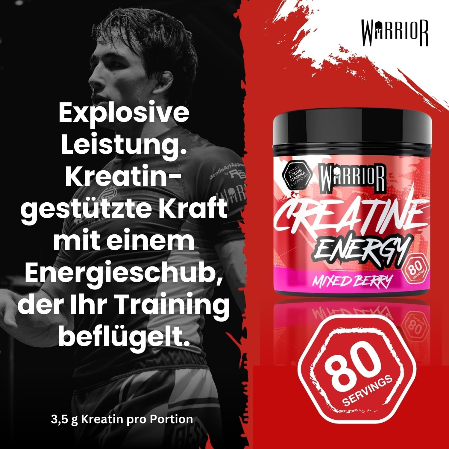 Thumbnail 5 de Warrior Kreatin Monohydrat + Energy Pulver 360 g (Gemischte Beeren) – 80 Portionen mit Koffein & Vitaminen
