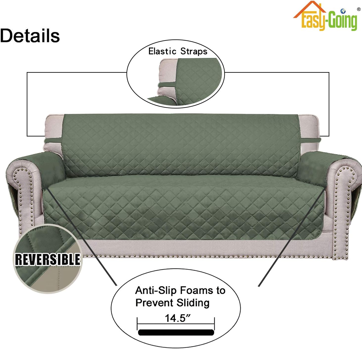 Thumbnail 2 de Easy-Going Reversible Oversized Couch Cover for 3 Cushion Sofas (Water-Resistant, Non-Slip Foam Sticks) — Greyish Green/Beige