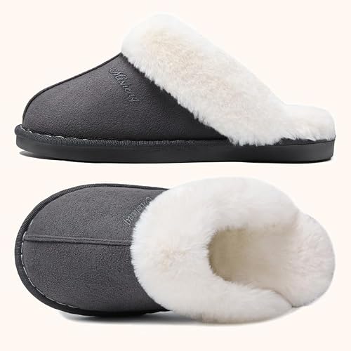 Detalle de Misolin Women Memory Foam Fluffy Slipper – Grey, Suede Fur-Lined, Anti-Skid Indoor & Outdoor (UK 5.5–6.5)