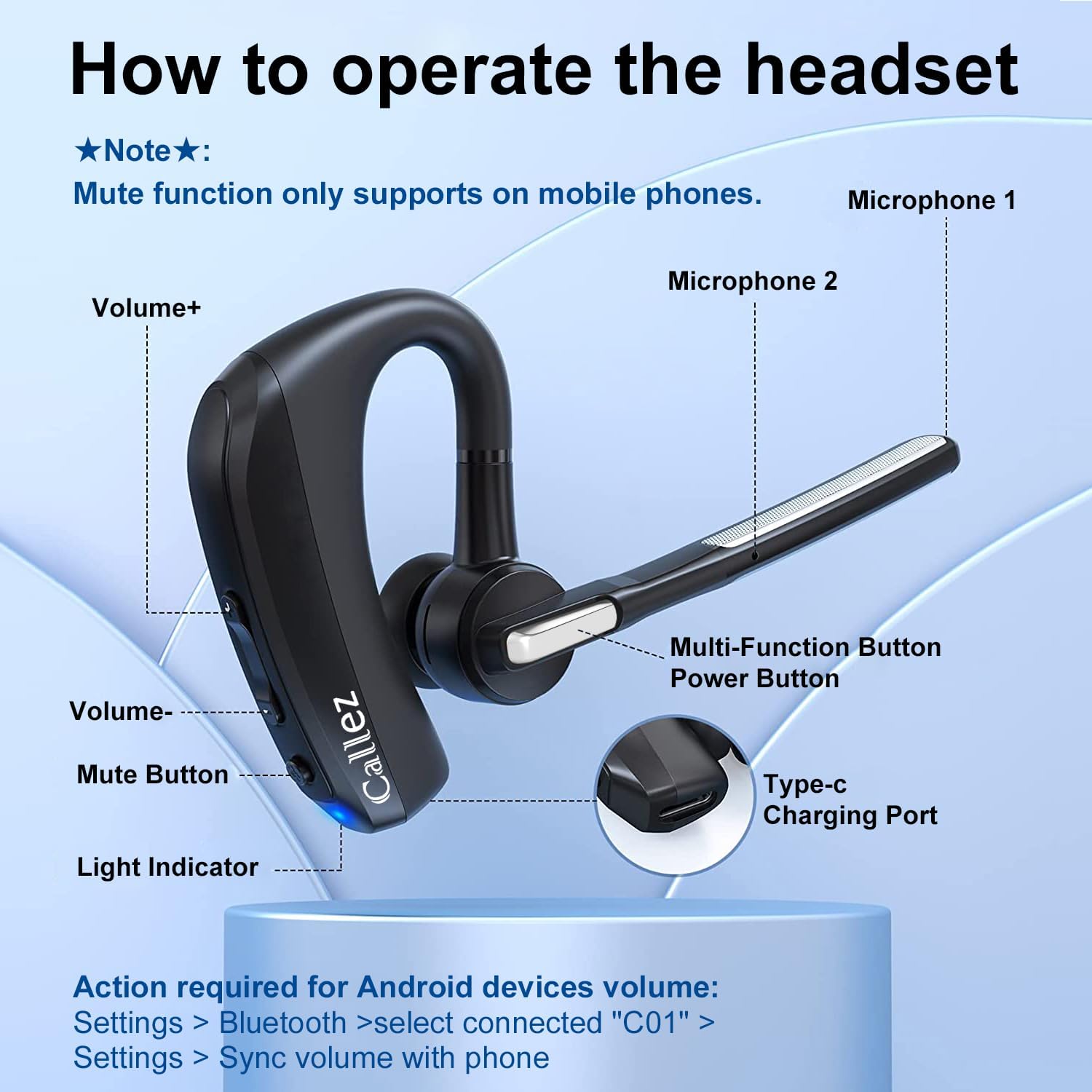 Detalle de Callez Bluetooth Headset V5.0 8h