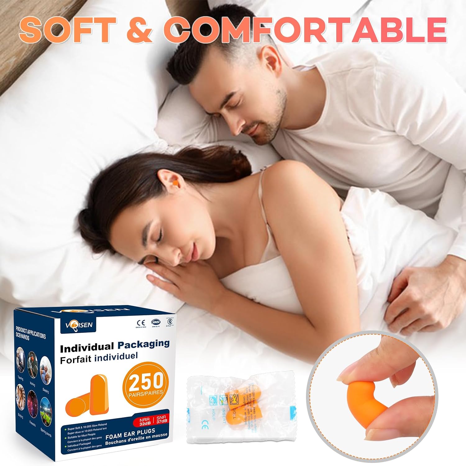 Detalle de VOISEN Ear Plug: 250 Pairs of Soft Foam Ear Plugs with 32dB NRR for Sleep, Study, Travel & More