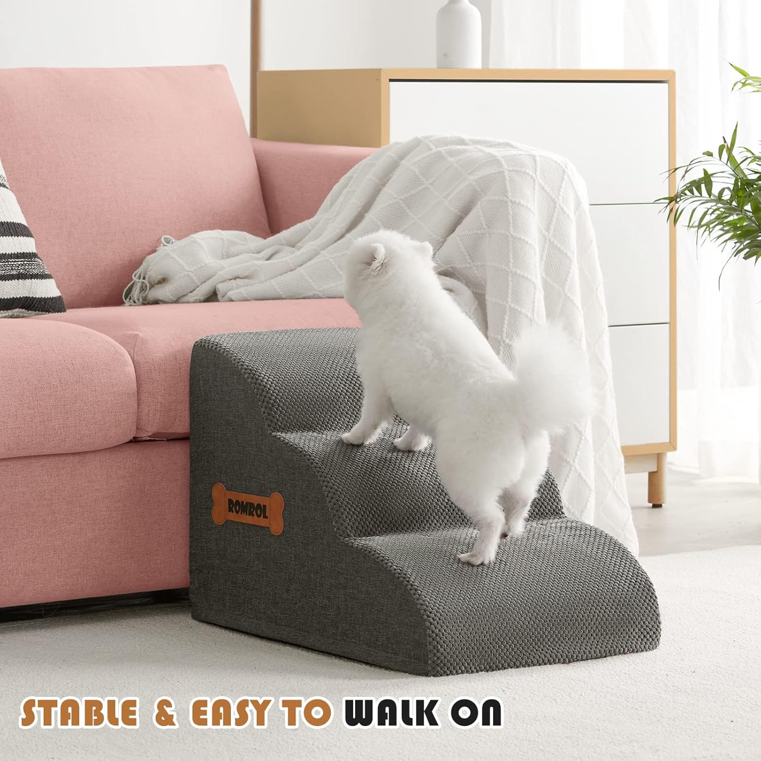 Thumbnail 6 de ROMROL 3-Step Dog Stairs for Small Dogs – Non-Slip Ramp with High-Density Foam (58x38x38cm) in Grey