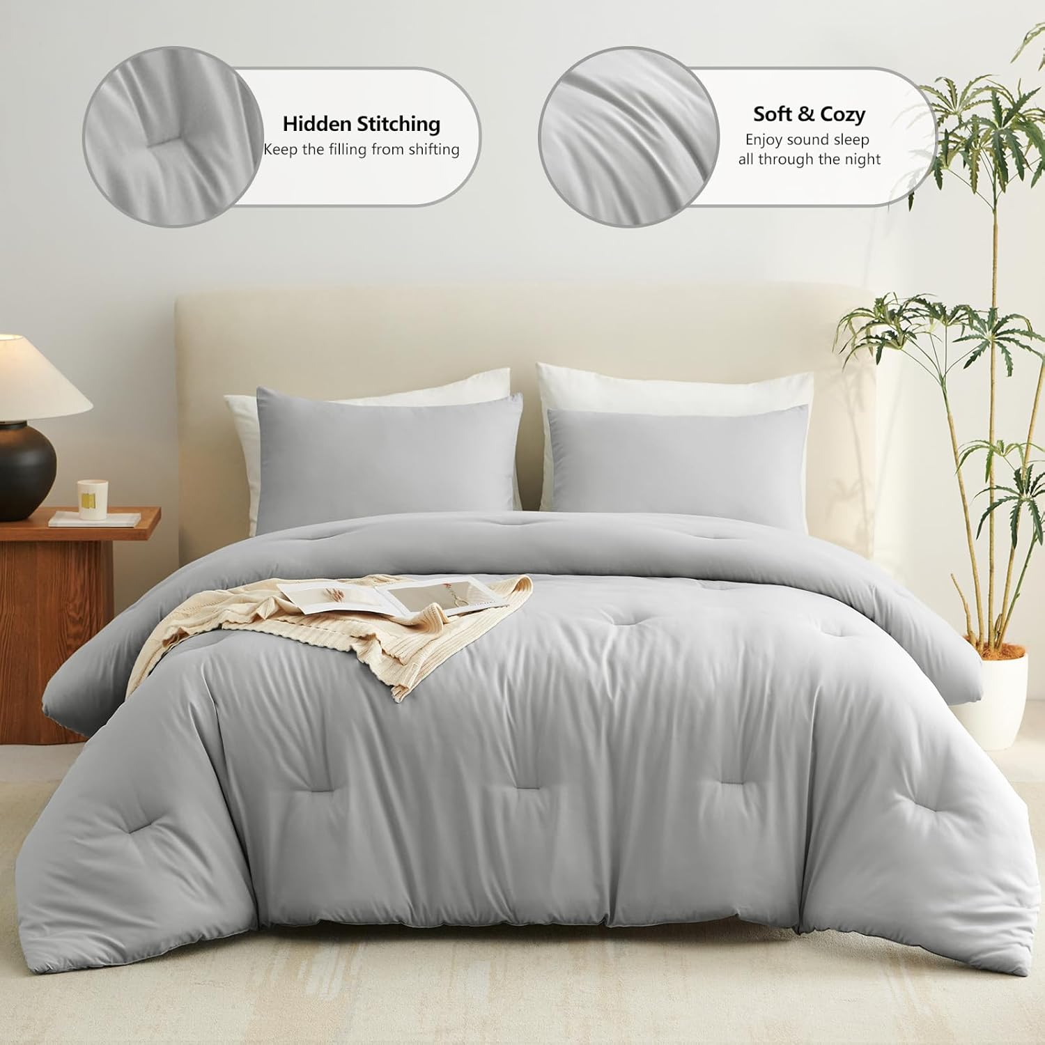 Detalle 2 de CozyLux Light Grey Queen Comforter Set, 3-Piece Bedding