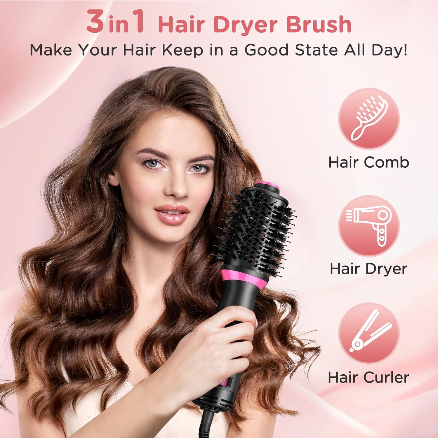 Thumbnail 2 de ONEWEST 3-in-1 Hair Dryer Brush (Dual Voltage) with Negative Ion Hot Air Brush, 2 Speeds and Travel Adapters