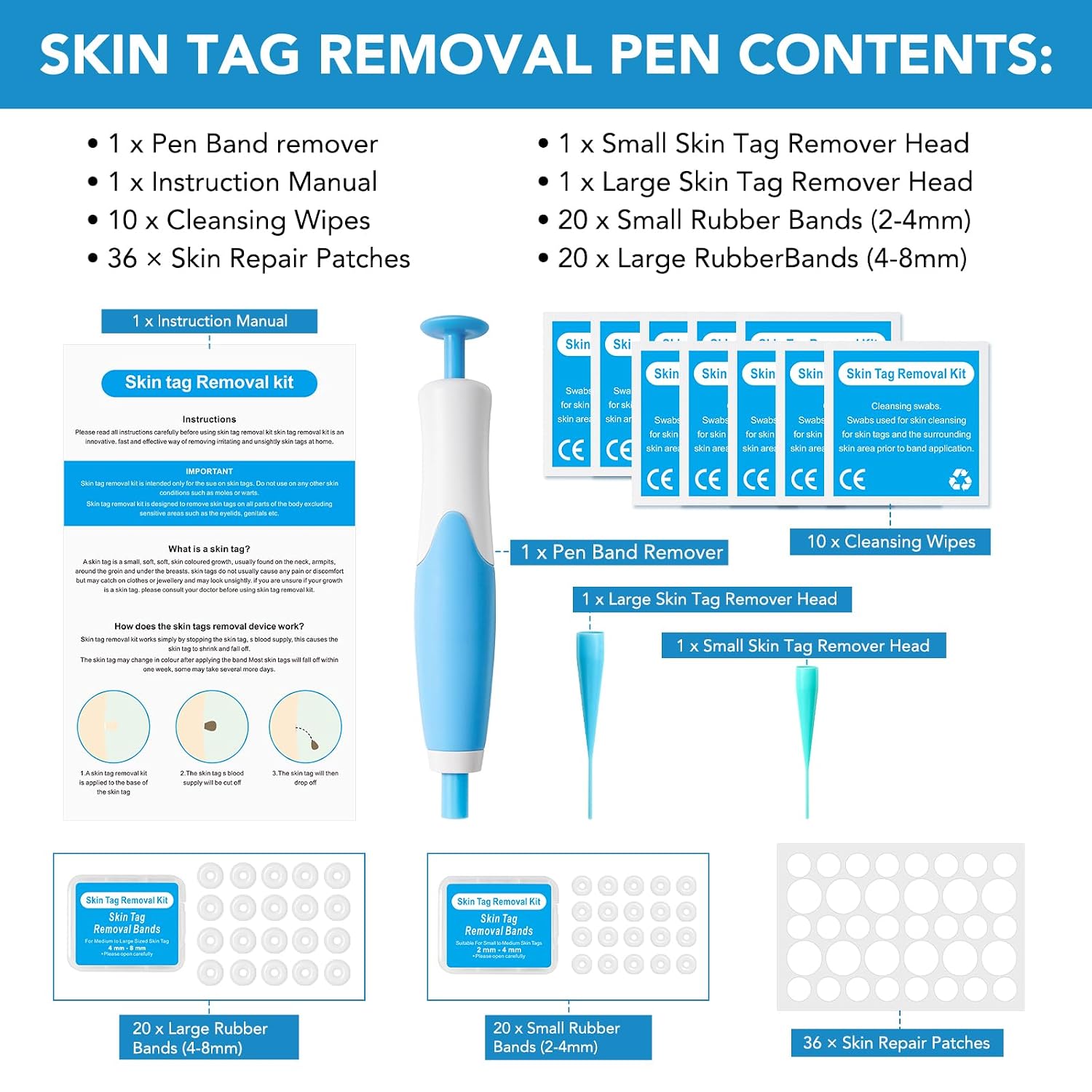 Detalle de Zyloqj Auto Skin Tag Remover Kit zur Selbstentfernung von Hautmarken (2-in-1-Pen, Gummibänder & Reinigungstücher)