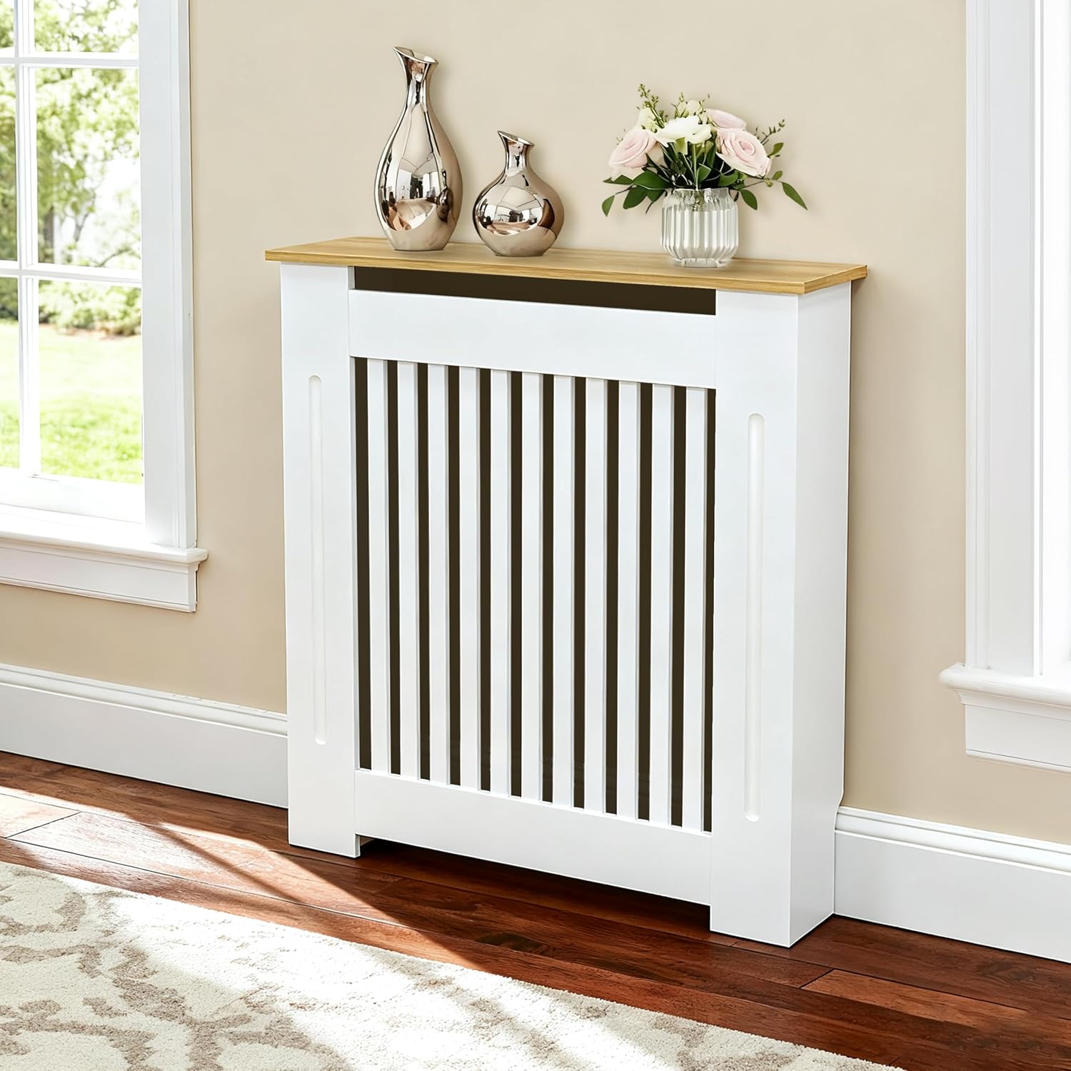 Thumbnail 2 de Tall Radiator Cover 92cm High with Wood Texture Nature Finish – MDF Slatted, Shelf Top, Self-Assembly