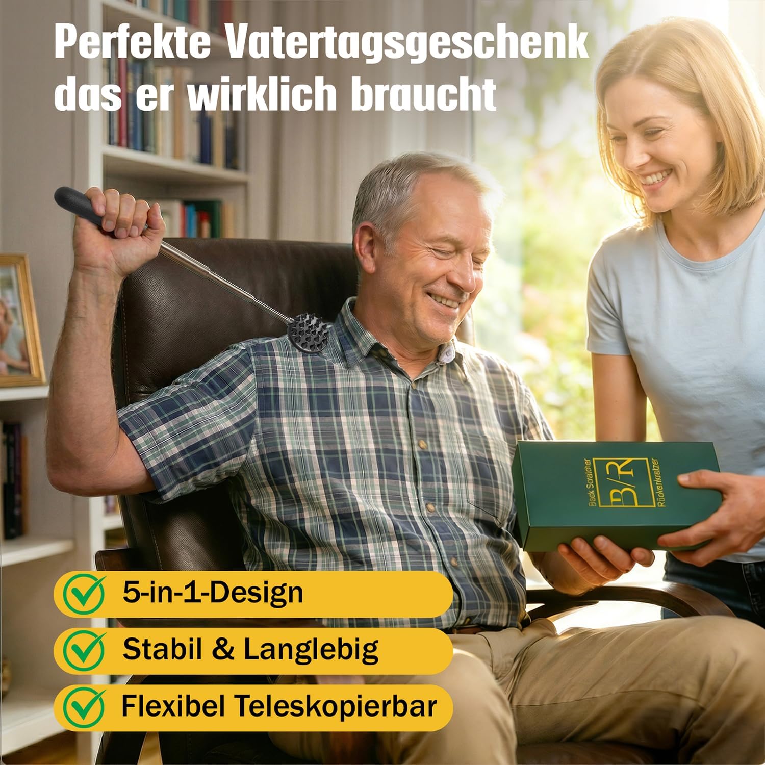 Detalle de Rückenkratzer mit ausziehbarem Teleskopstiel und 5 abnehmbaren Kratzköpfen (Geschenkbox)