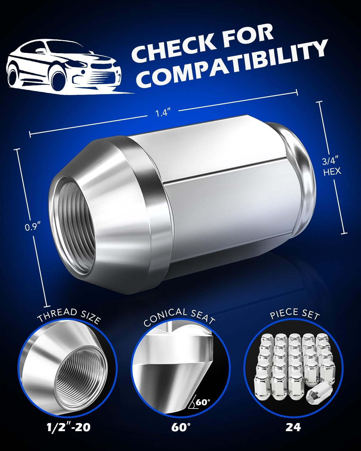 Detalle 2 de Orion Motor Tech 24-Piece 1/2-20 Lug Nuts Chrome