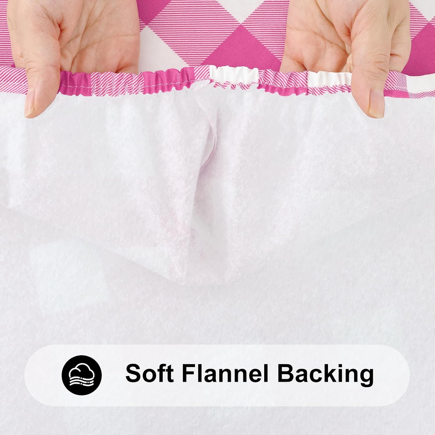 Thumbnail 4 de Smiry Round Picnic Tablecloth — Elastic Waterproof Fitted Vinyl with Flannel Back, Buffalo Plaid (White & Hot Pink), 45-56 inch Tables