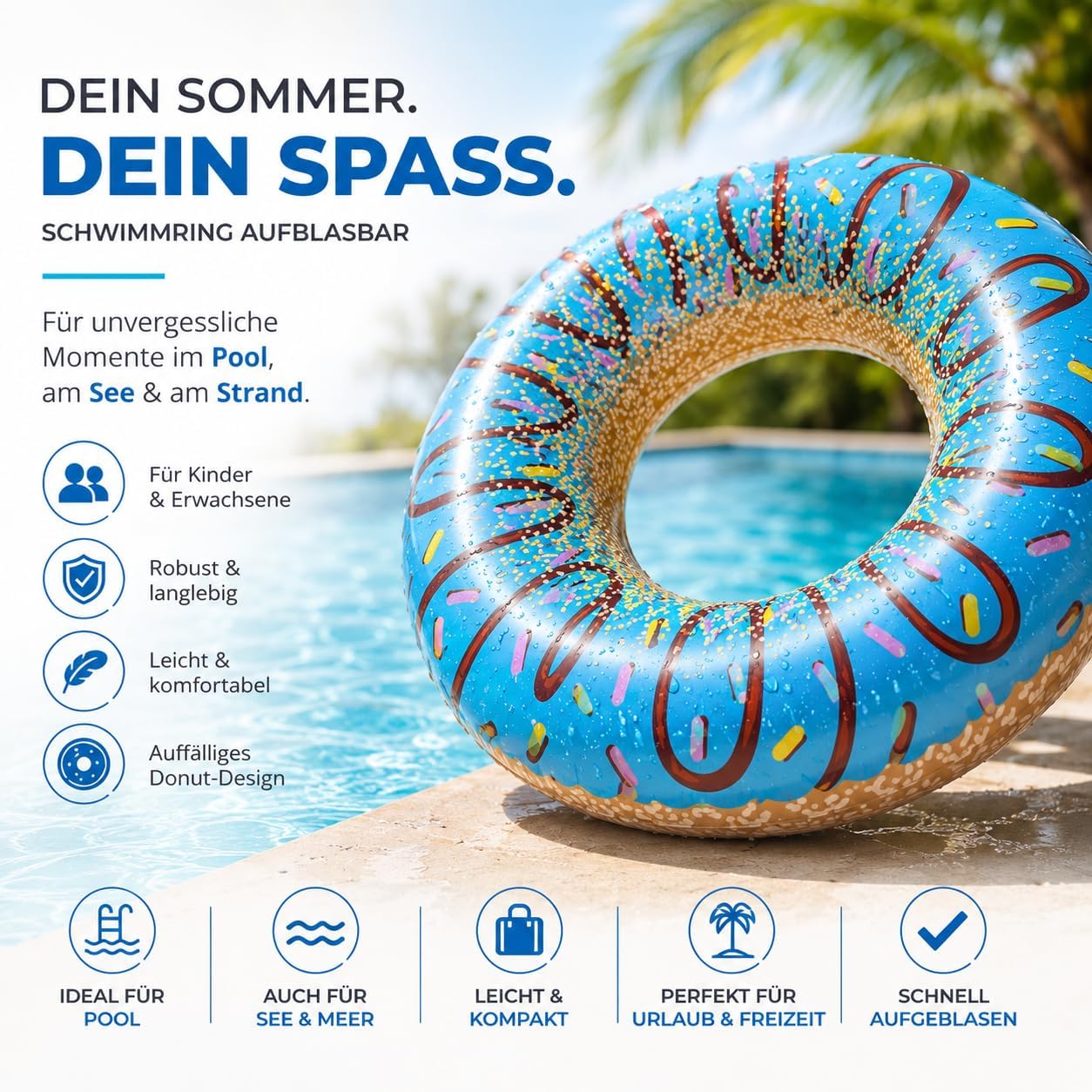 Thumbnail 2 de Aufblasbarer Schwimmring – Donut-Design, Ø120 cm, Getränkehalter, für Erwachsene und Kinder