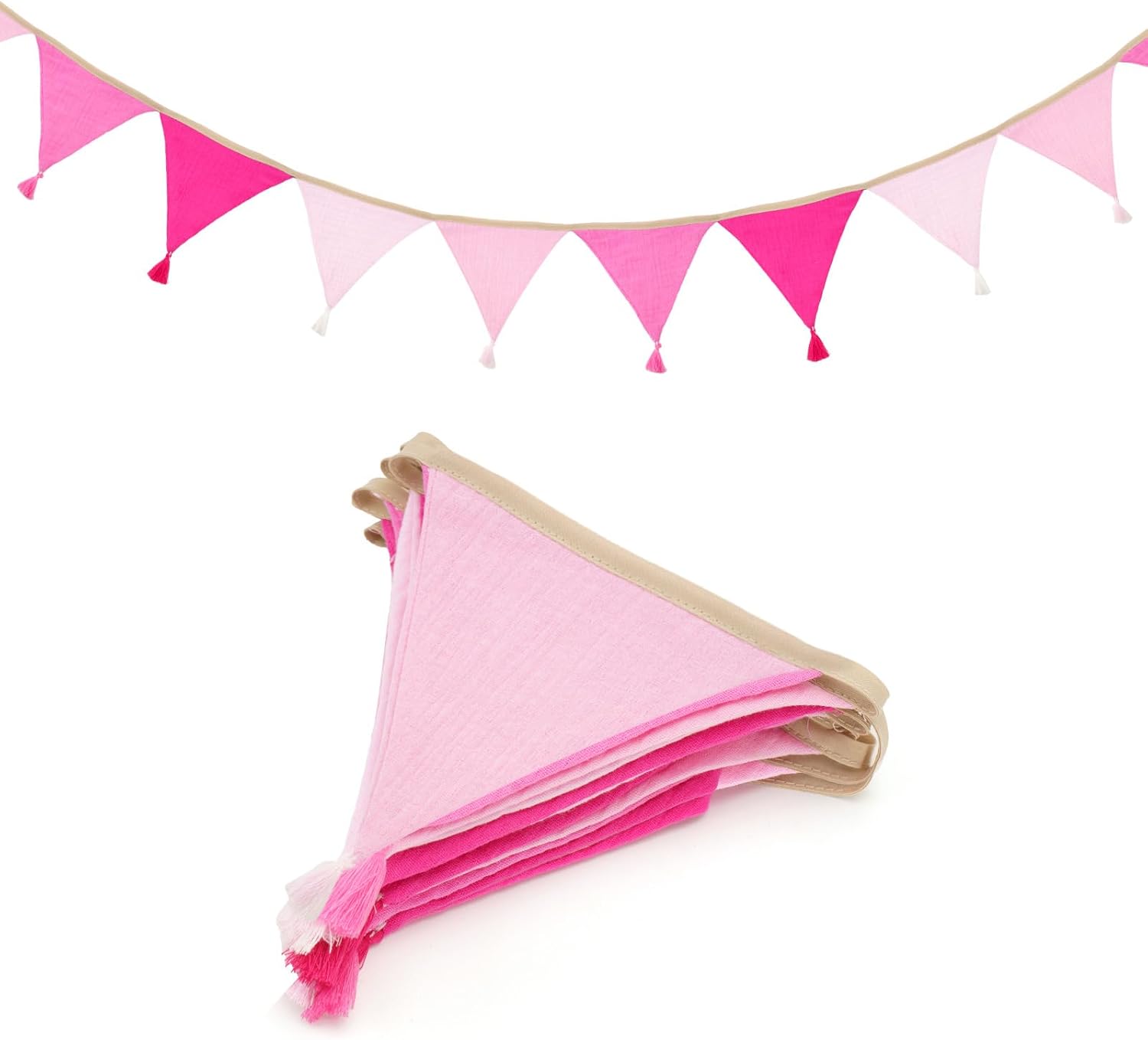 Detalle de jijAcraft Musselin-Wimpelkette fürs Kinderzimmer (rosa) mit Quasten, 2,8 m