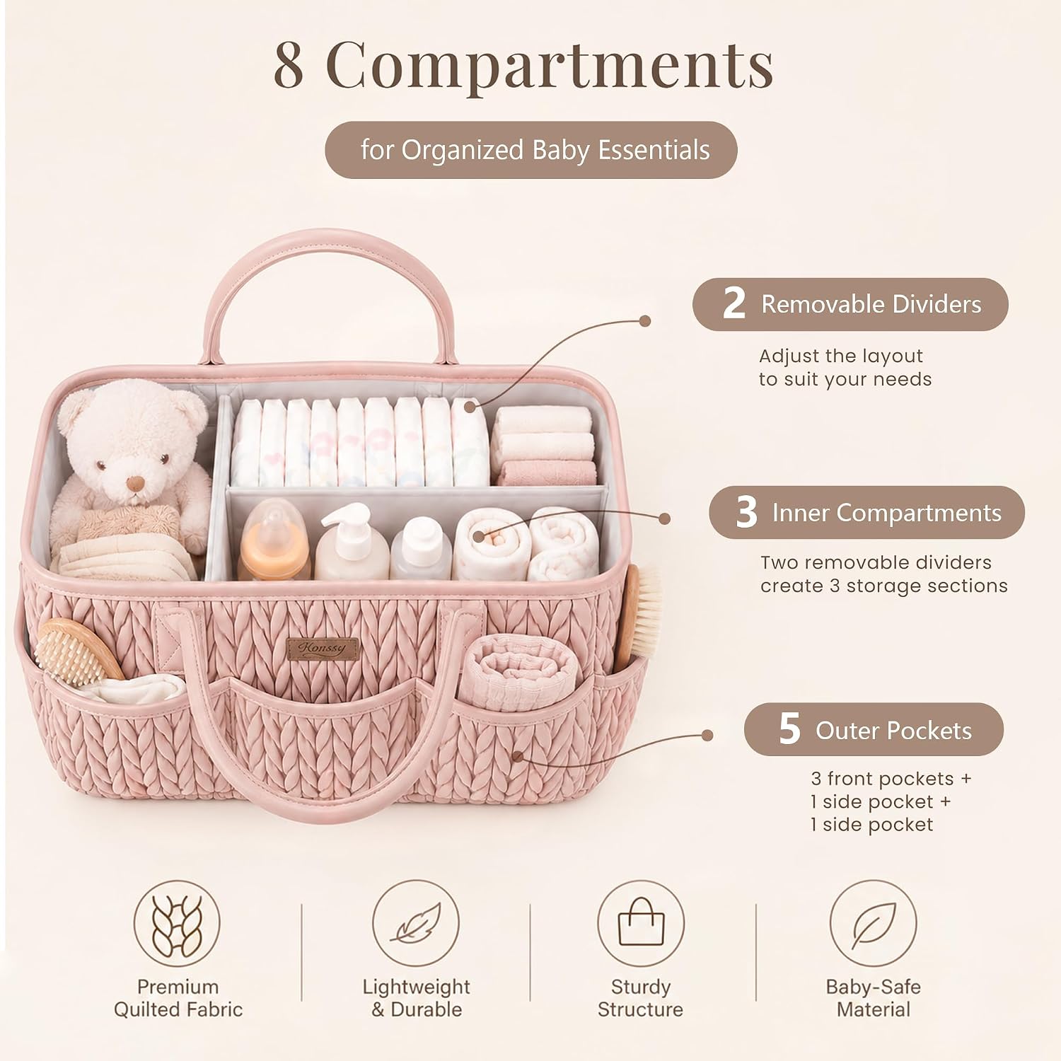Detalle de Konssy Braided Blush Diaper Caddy with Removable Divider and PU Handles