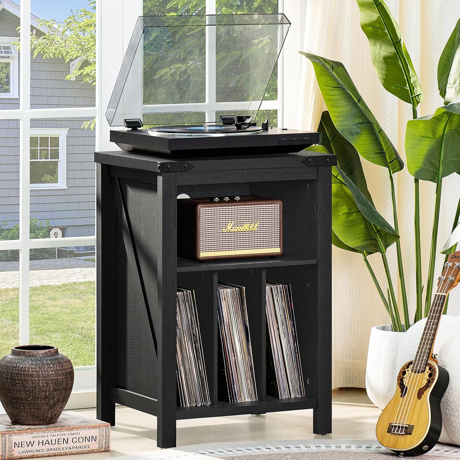 Detalle 2 de Joaxswe Model 1 Record Player Stand, Black Wood Storage for up to 160 Albums