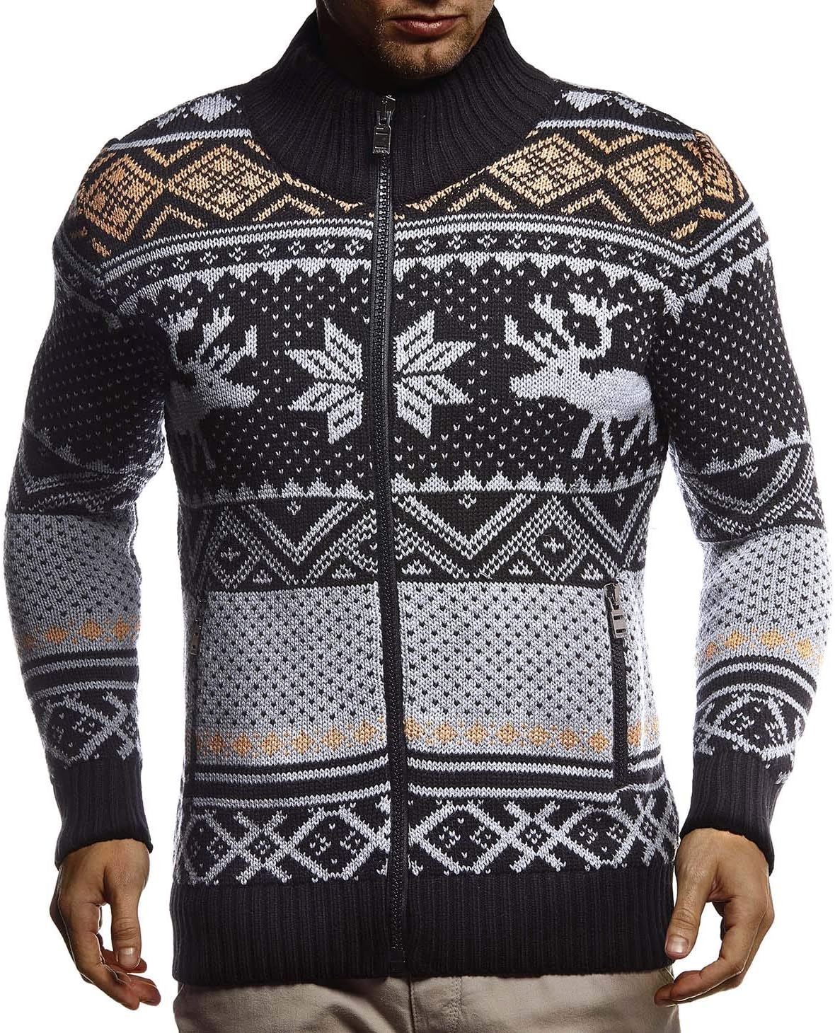 Detalle de Leif Nelson LN20759 Veste en tricot avec col montant pour homme – Grosse maille, motif norvégien