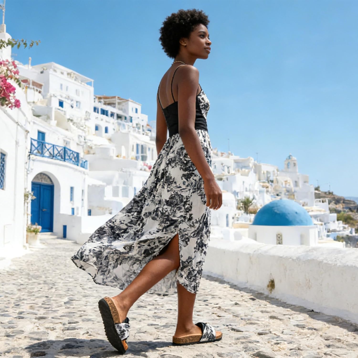 Detalle 2 de JOMIX Mules Femme avec Nœud - Claquettes imprimé fleurs, sandales plates pour plage et piscine