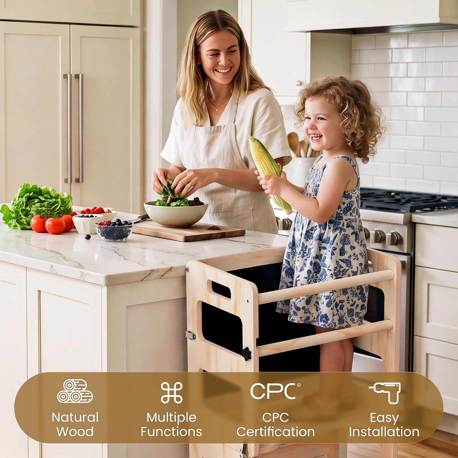 Detalle 2 de Toddler Kitchen Step Stool 4-in-1 Foldable Standing Tower with Blackboard (Ages 18 Months to 4 Years)