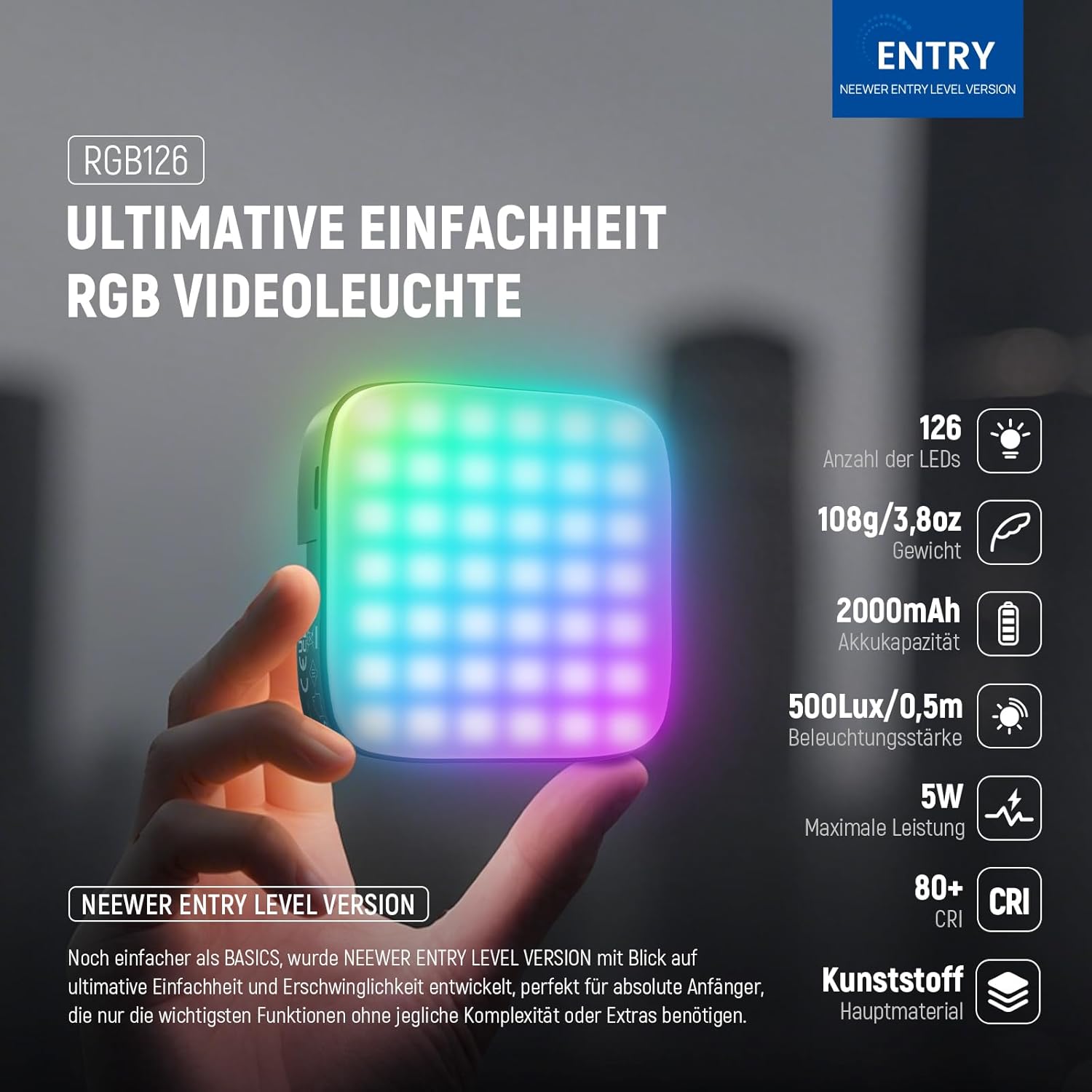 Detalle 2 de NEEWER ENTRY LEVEL VERSION RGB Videolicht – kompaktes Clip-on LED Light mit 126 LEDs