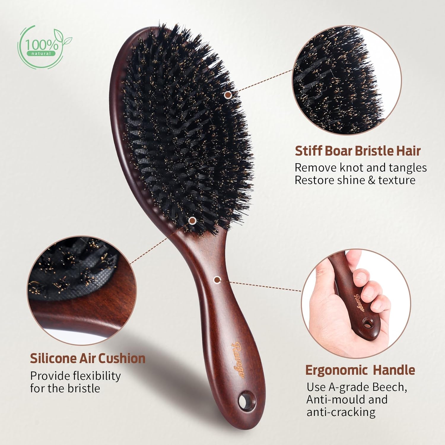 Detalle 2 de RAVEGO Spazzola per capelli con setole di cinghiale 🎀