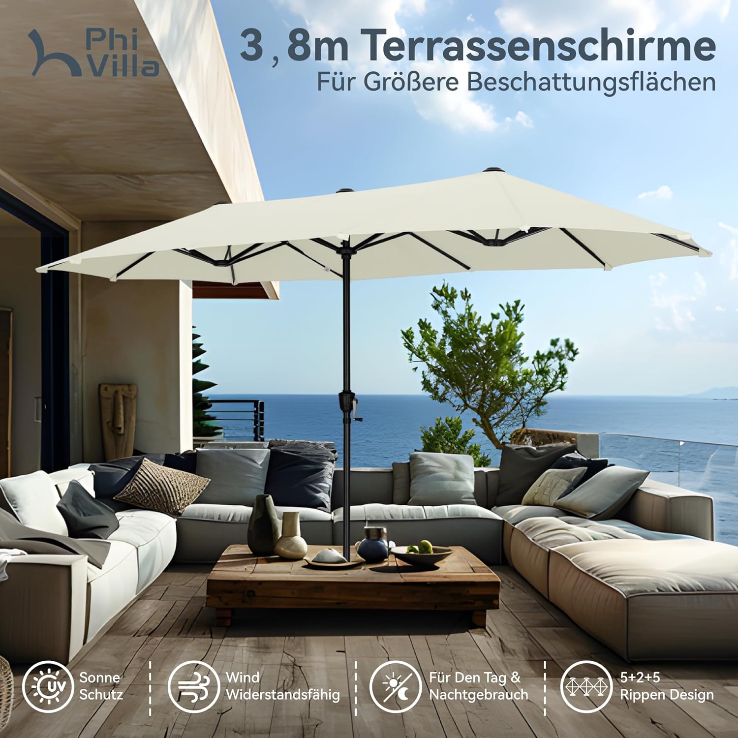 Thumbnail 2 de PHI VILLA Doppio-Sonnenschirm rechteckig groß 380x200 cm mit Kurbel, UV- Schutz und windfest