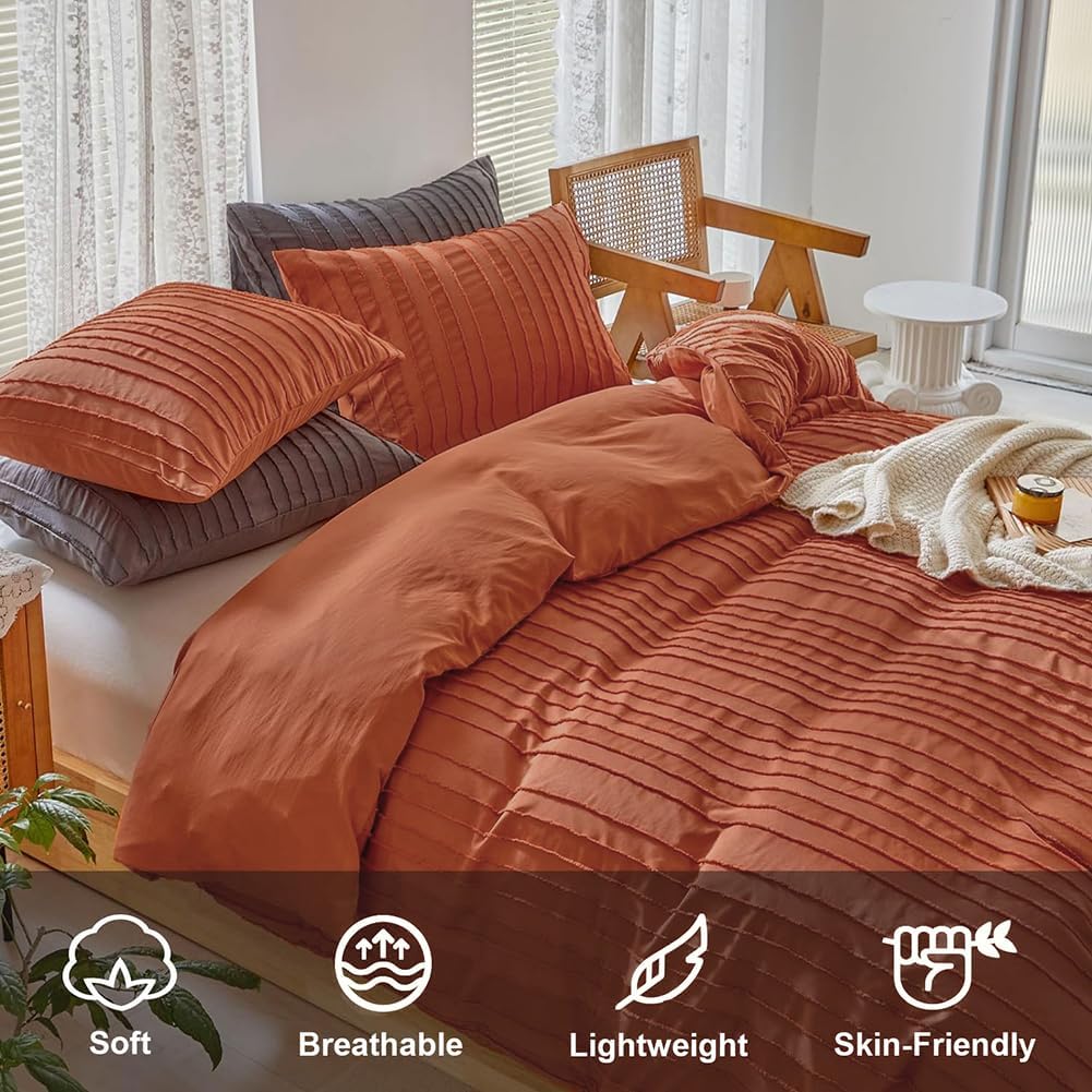Thumbnail 3 de Michorinee Housse de Couette 200x200 Tuftée Terracotta Rayée – Parure Pour 2 Personnes avec Fermeture Éclair