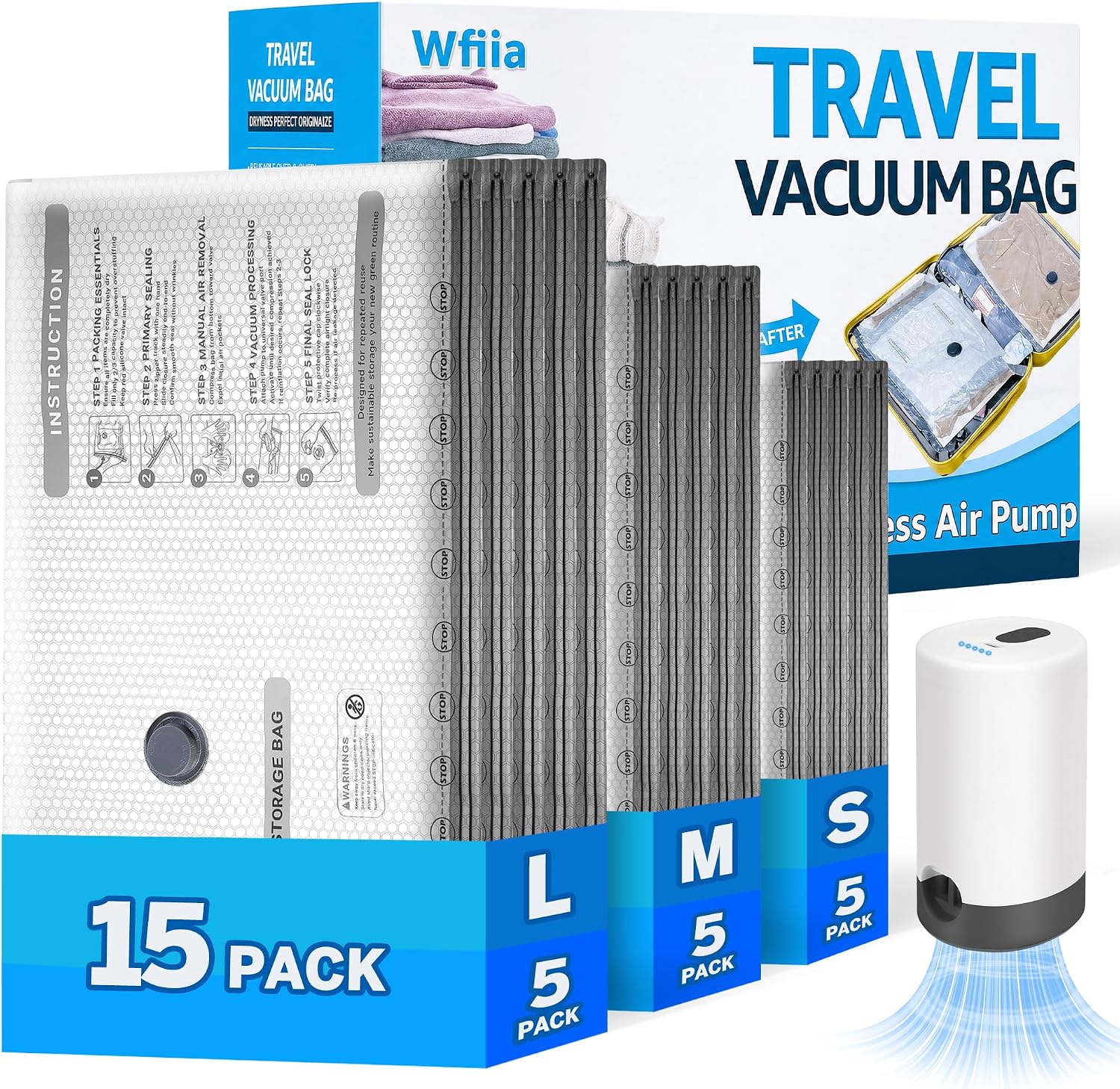 Detalle de 15-Pack Vacuum Travel Bags with Rechargeable Pump (3 Sizes) for Closet & Luggage Compression