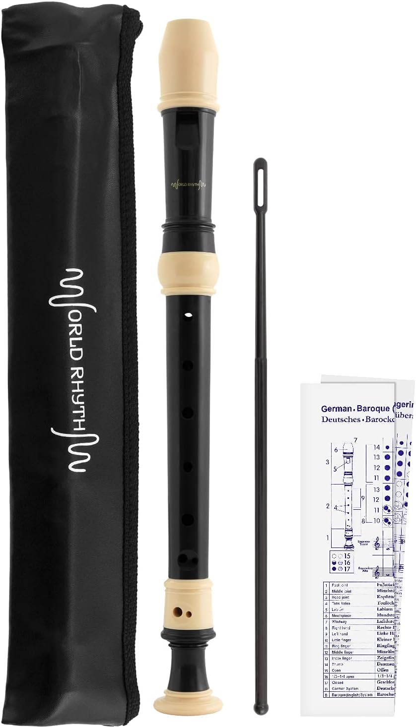 Detalle de World Rhythm WR-805: Flauta escolar soprano en negro y marfil con bolsa y tabla de digitación