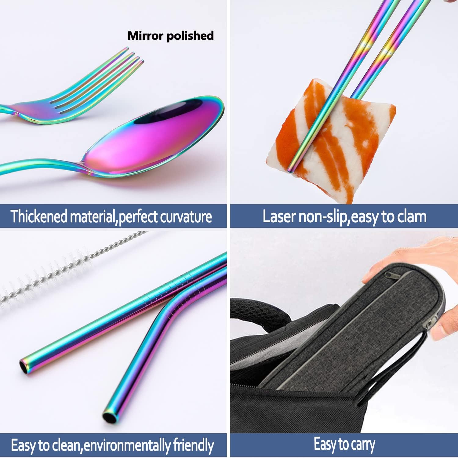 Thumbnail 6 de Hommaly Rainbow Stainless Steel Travel Utensil Set with Case, Chopsticks and Straws