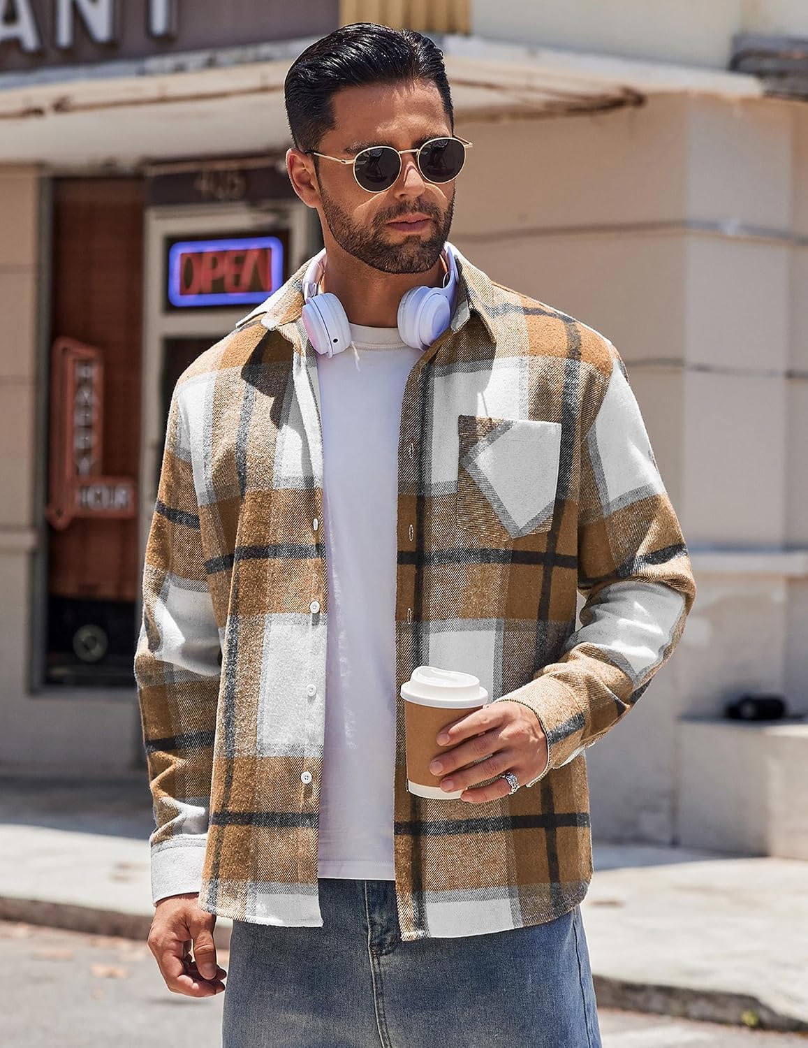 Detalle 2 de COOFANDY Men's Lightweight Plaid Flannel Shirt Jacket, Long-Sleeve Button-Down
