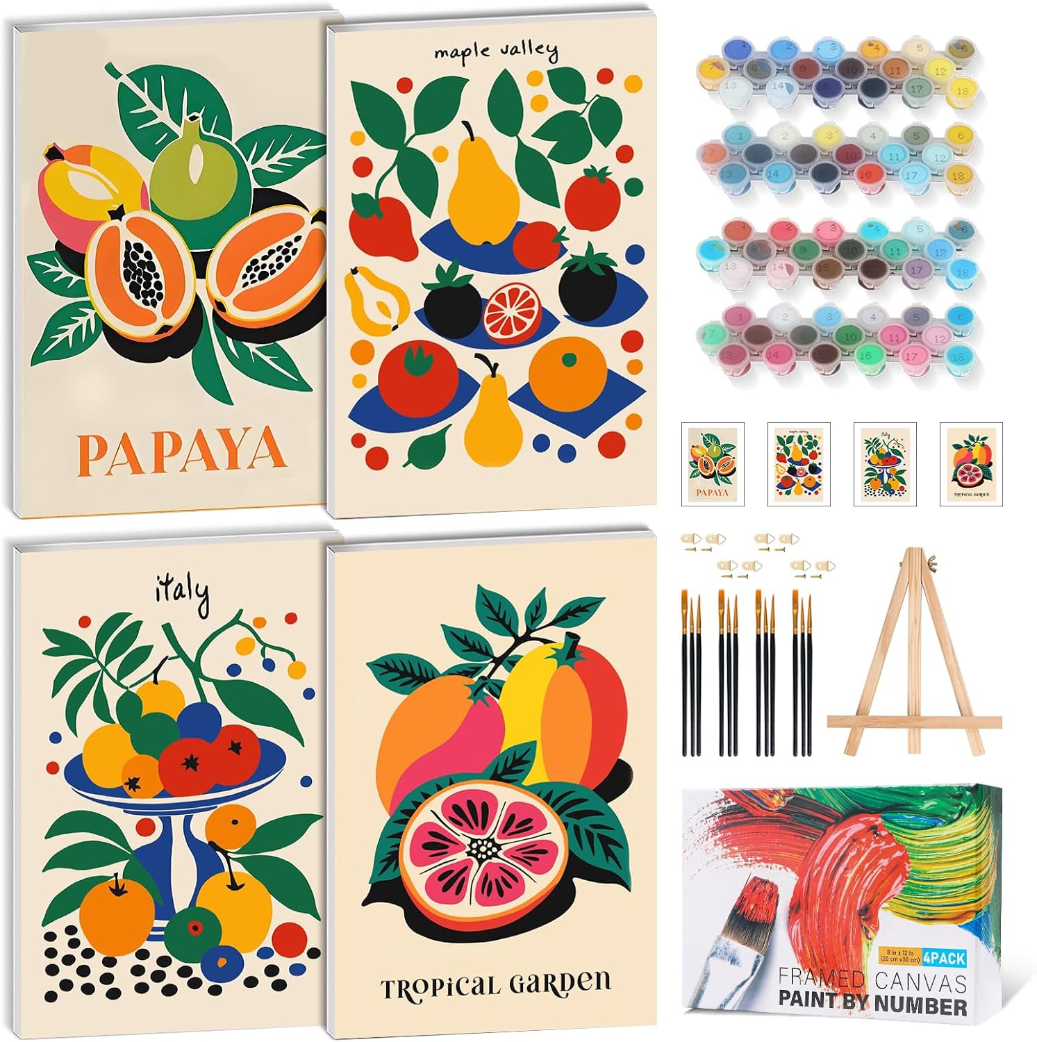 Imagen de GEEHEIY 4 Pack Framed Paint by Numbers for Adults – Fruit Themed DIY Kit (20 x 30 cm), Includes Frames, Acrylic Paints and Accessories en OfertitasTOP