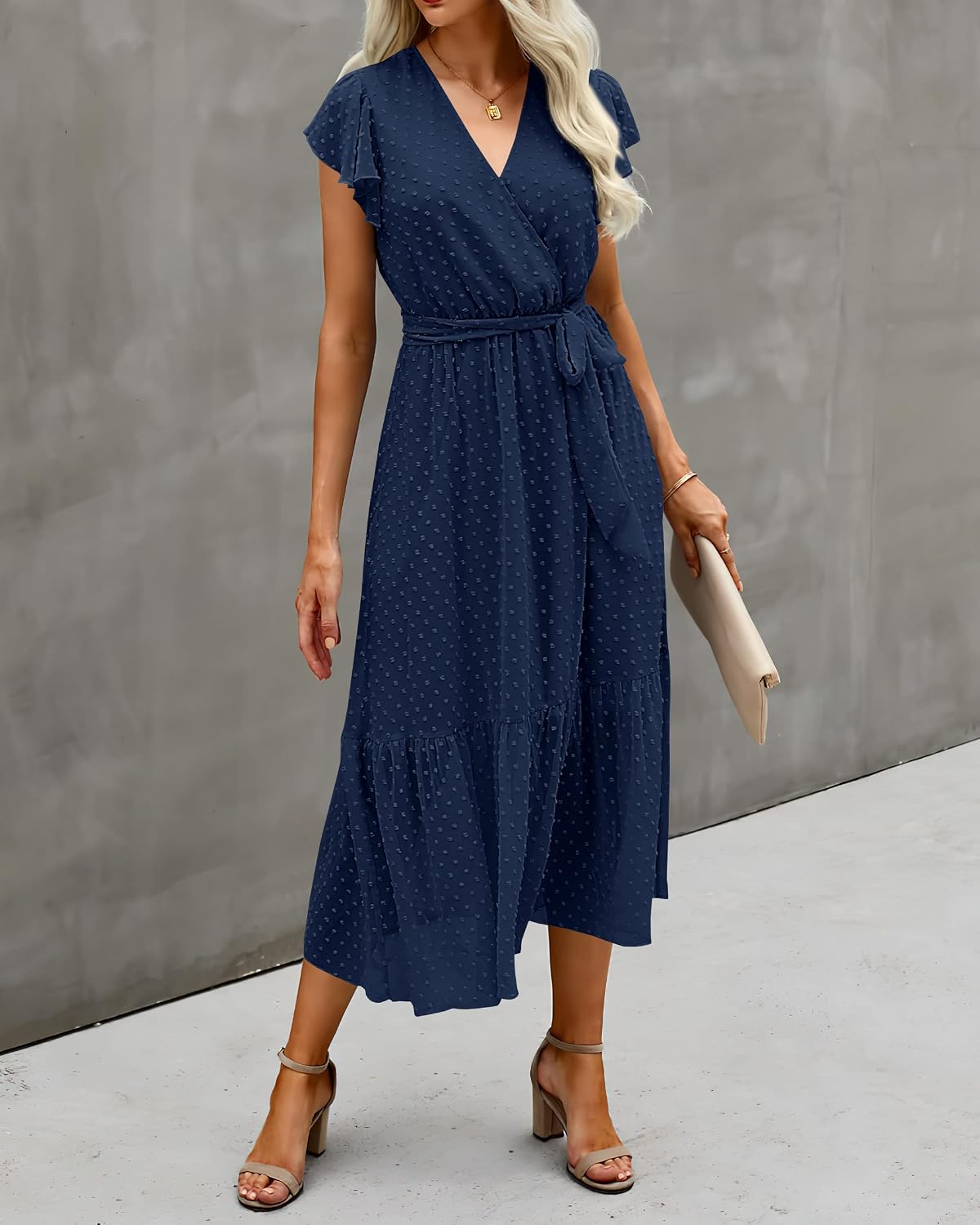 Detalle 2 de BTFBM Women's Summer Bohemian Floral Wrap V-Neck Midi Dress