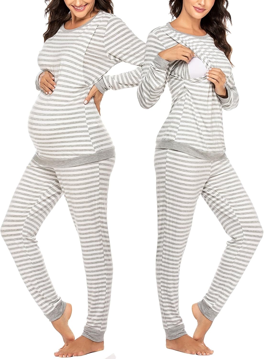 Detalle 2 de Ekouaer Maternity & Nursing Pyjamas Set Striped Knit Long Johns (Top & Bottom), S–XXL