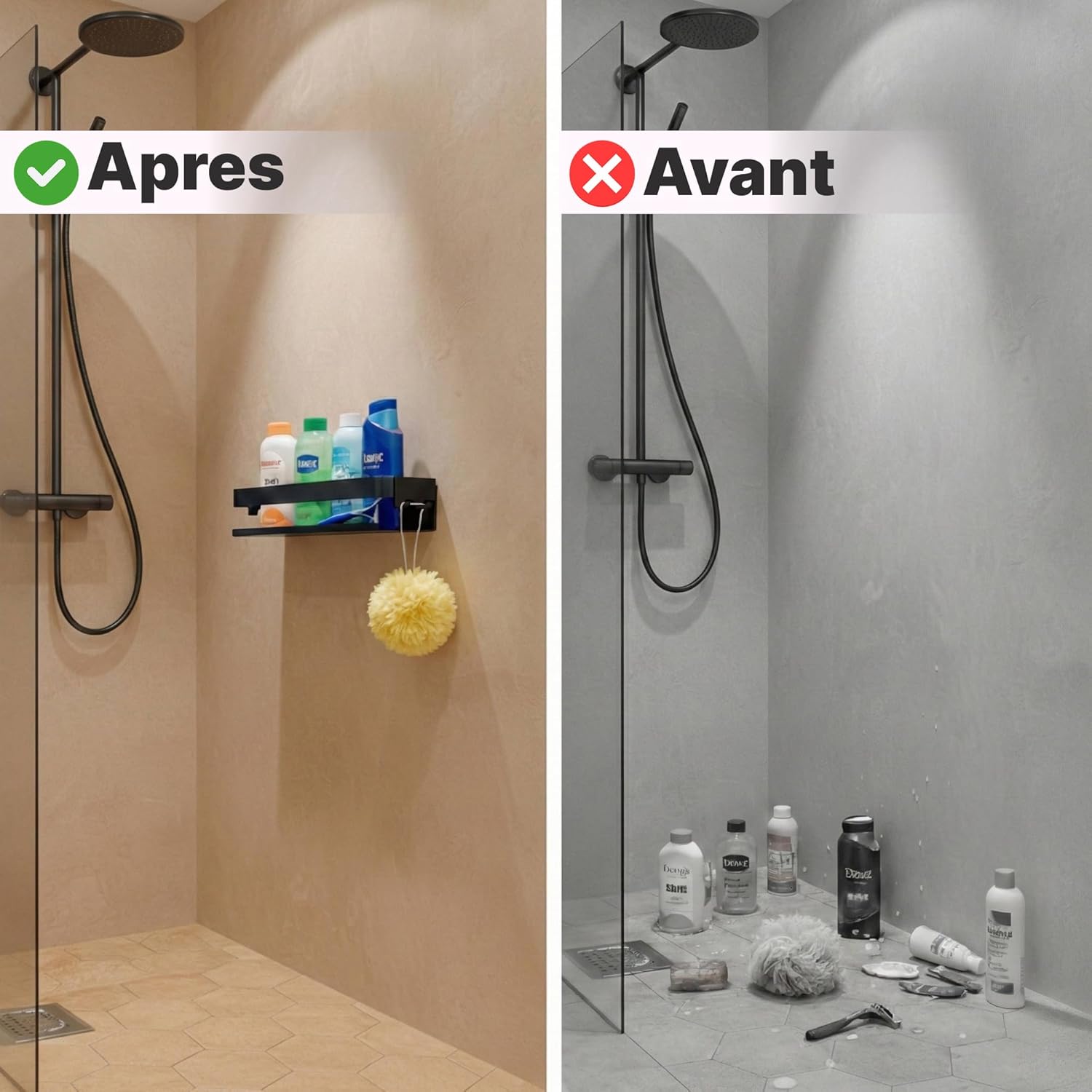 Thumbnail 1 de Minismus étagère douche sans percage – rangement durable avec barre de sécurité et crochets mobiles
