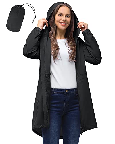 Detalle de 33,000ft Women's Lightweight Packable Waterproof Rain Jacket — Hooded, Long Style (Black, L/14)