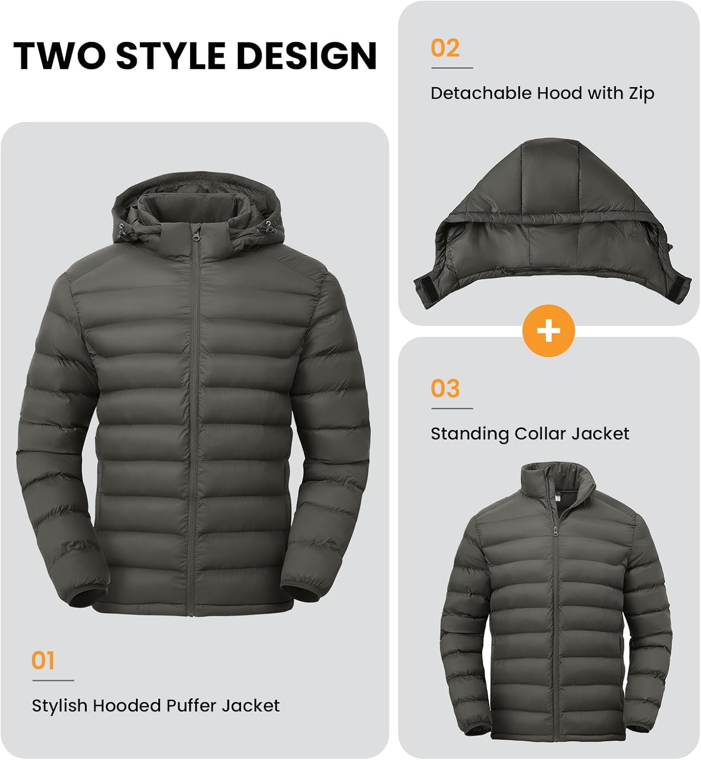Thumbnail 2 de BGOWATU Men's Lightweight Puffer Jacket with Detachable Hood, Water-Resistant Shell