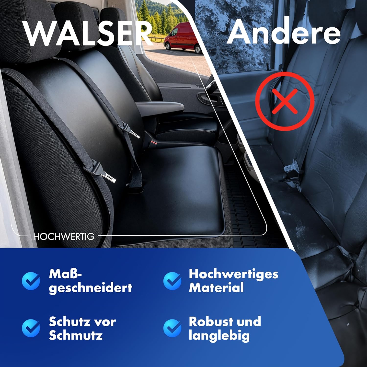 Detalle de Walser Transporter Sitzbezüge VW T6 – Doppelbank vorne klappbar, Kunstleder, passgenau