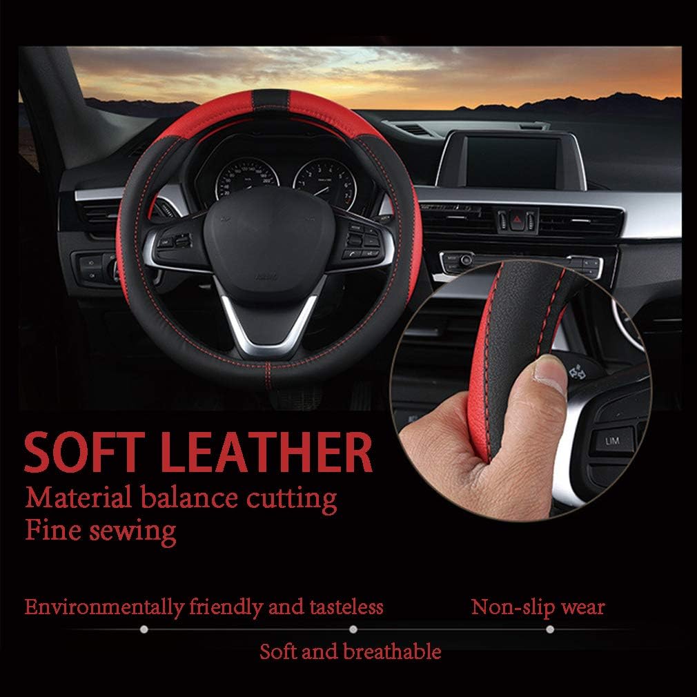 Detalle 2 de coofig Leather Car Steering Wheel Cover 37-38cm Universal, Breathable Non-Slip (Black/Red)