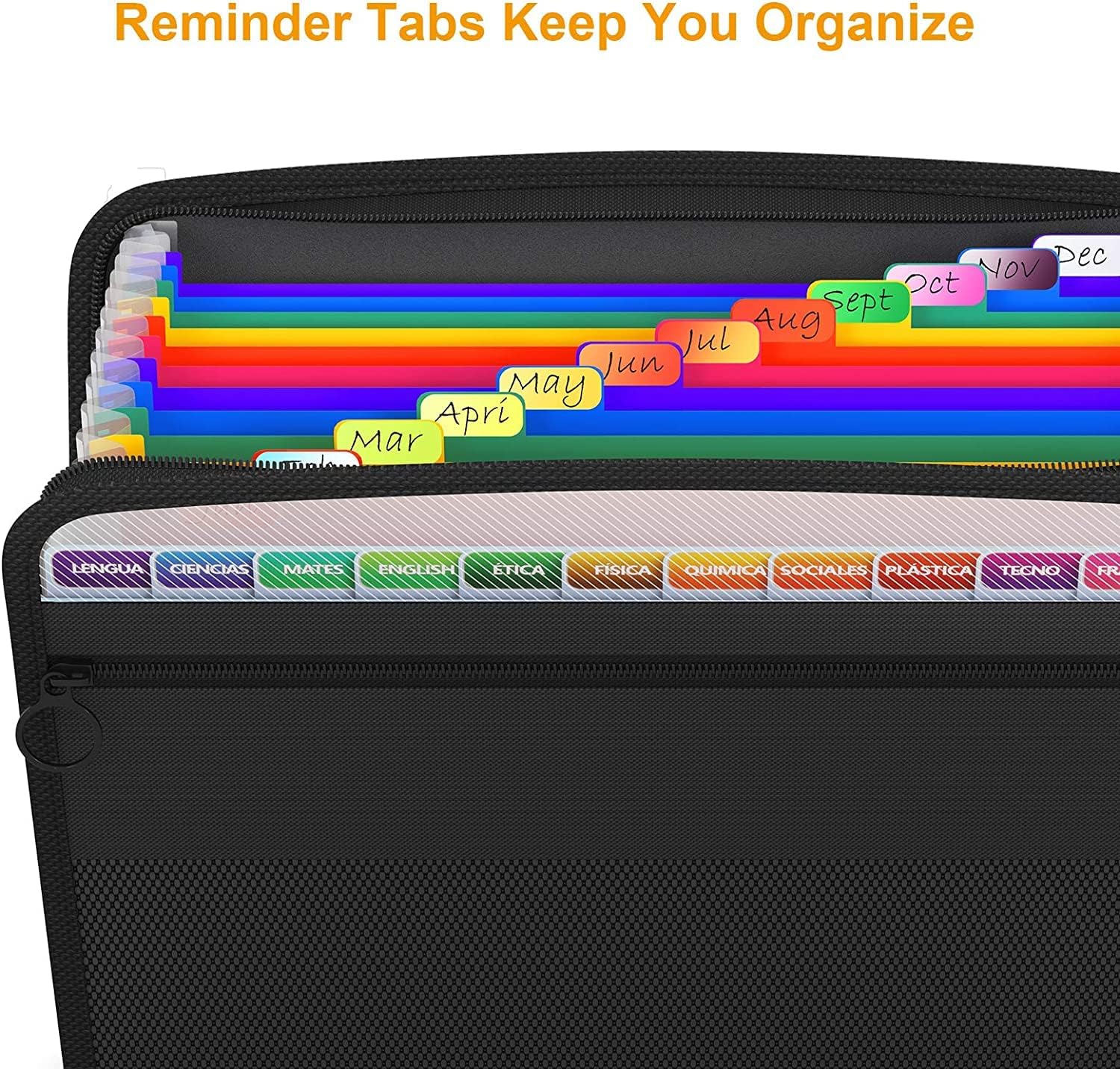 Thumbnail 4 de ABC life Expanding File Organiser with Mesh Bag & Zipper Closure (A4, 13 pockets) – Rainbow accordion folder, black