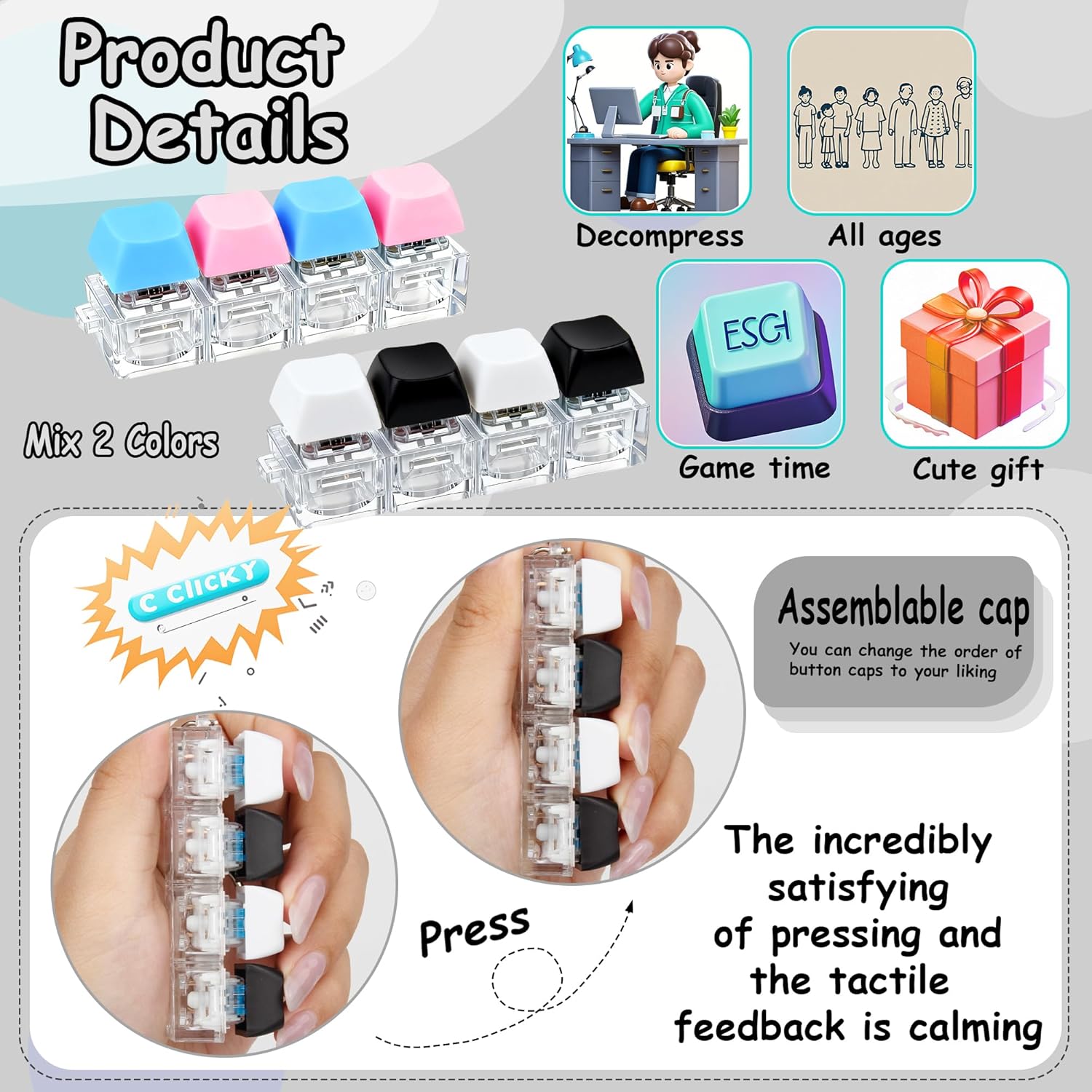 Thumbnail 2 de 2 PCS Keyboard Fidget Toys: 4-in-1 Keyboard Decompression Button Keychain (Black/White/Blue/Pink)
