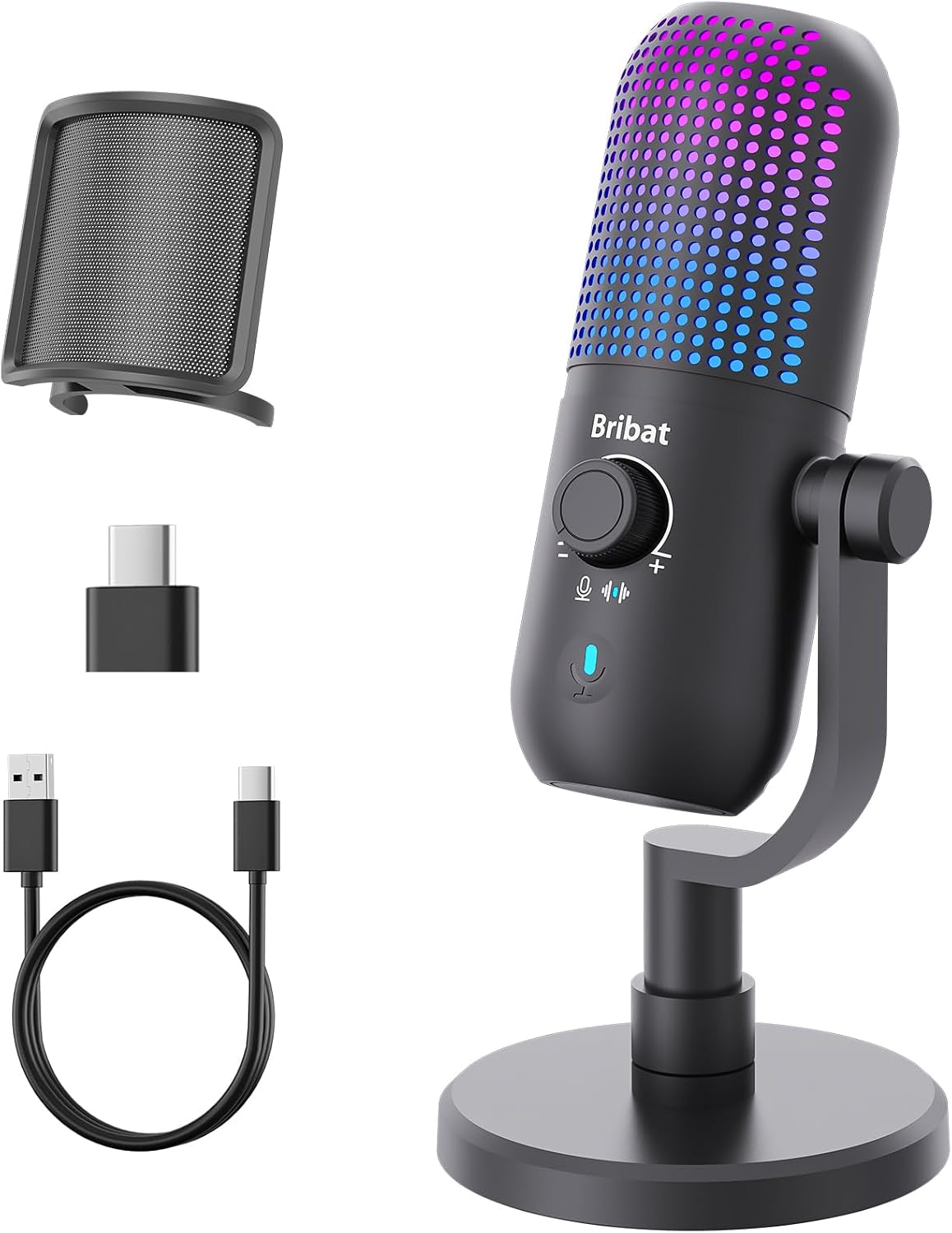 Detalle de BRIBAT BR-D68 USB Condenser Microphone with RGB Lighting and Mute Control