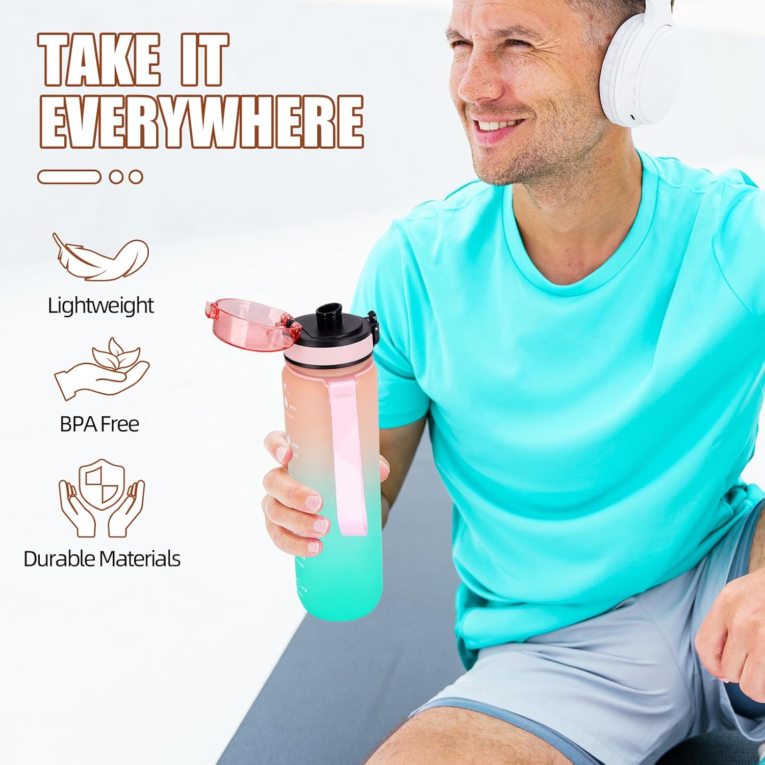 Thumbnail 5 de Gobravio Water Bottle 1L – BPA Free, Leakproof with Time Markings