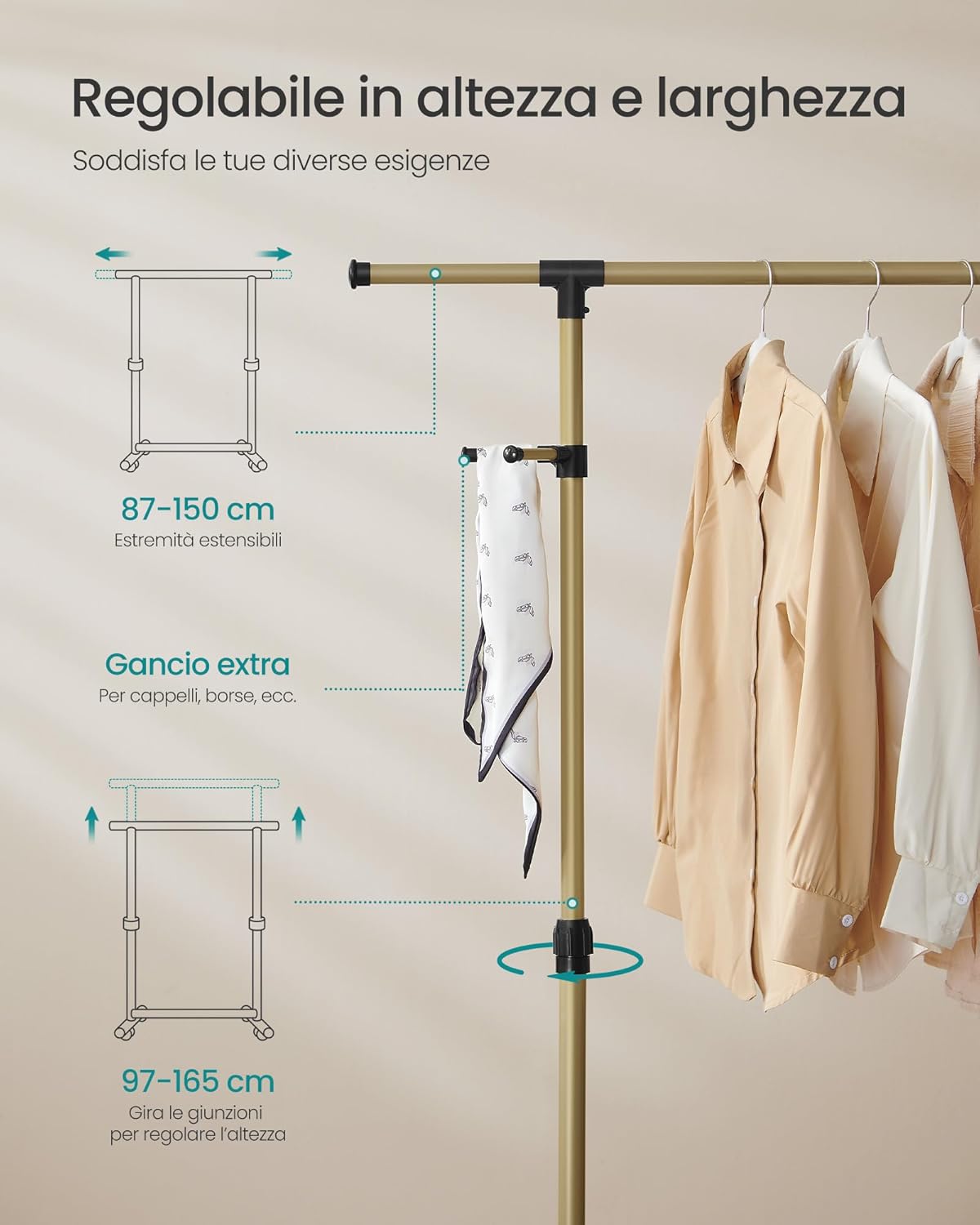 Detalle de SONGMICS LLR001A01 attaccapanni con altezza 97-165 cm