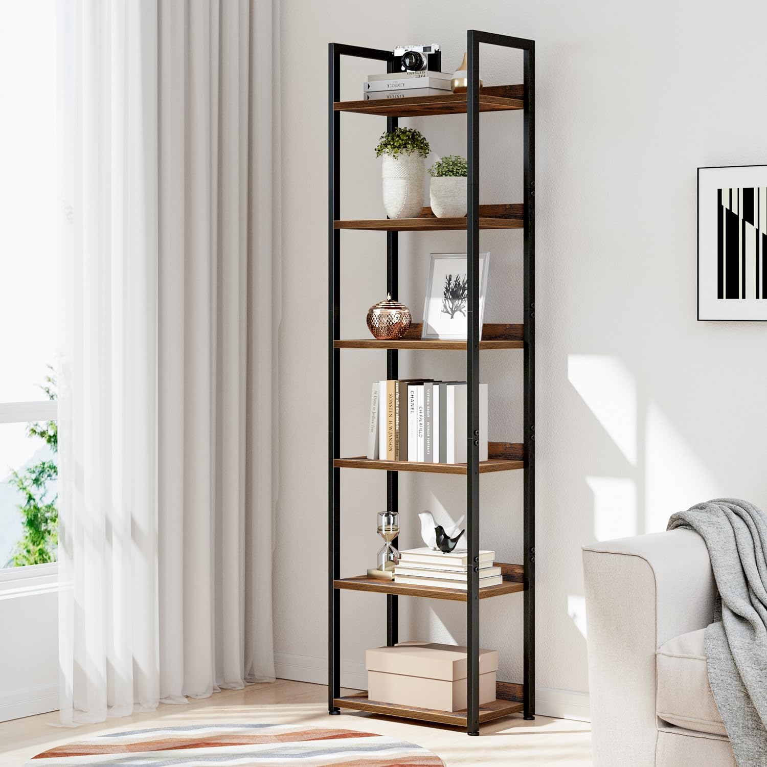 Detalle 2 de NUMENN C84 6-Tier Narrow Bookshelf, Vintage FSC-Certified Wood and Metal