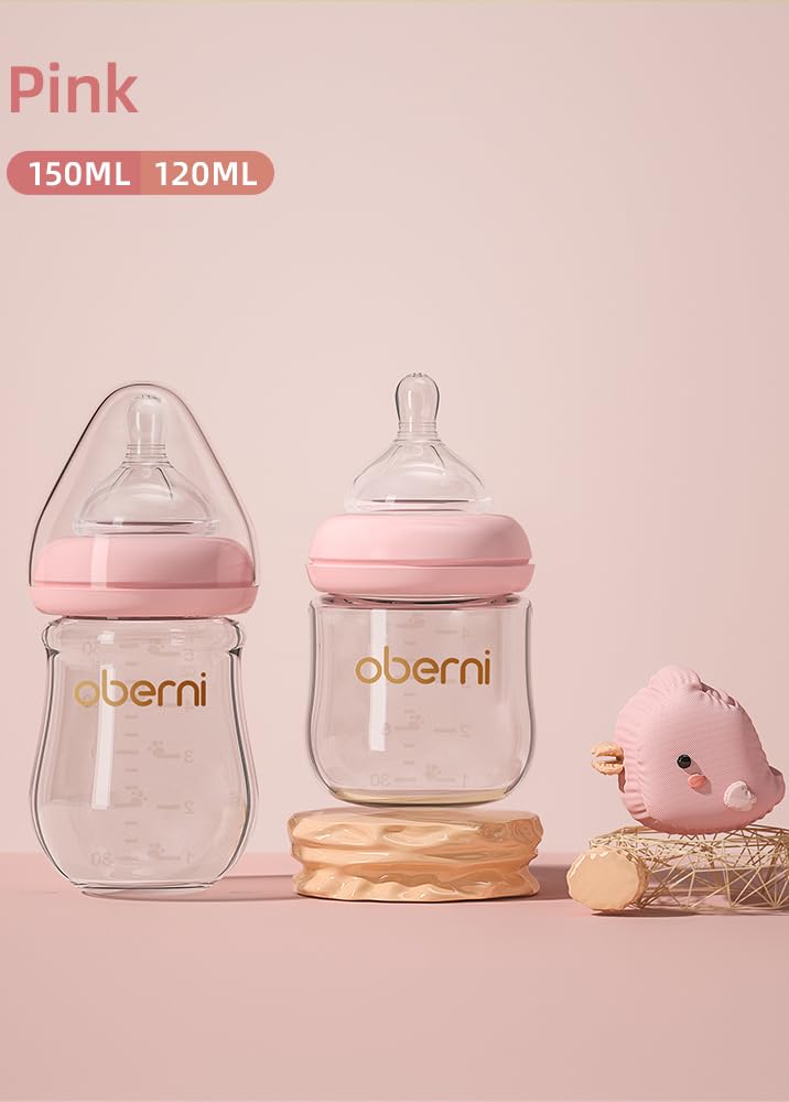 Thumbnail 1 de Glas Babyflasche 150 ml mit Anti-Kolik Ventil & Weithals – rosa, 2 Stück, Silikonsauger Stufe S, 0–3 Monate