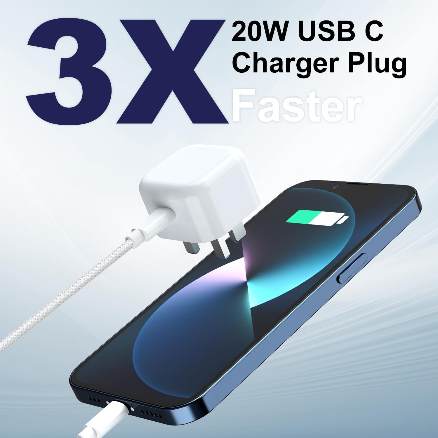 Thumbnail 1 de 20W USB‑C Fast Charger Plug with 3m Nylon USB‑C Cable for iPhone 17/16/15 Pro, Air, and iPad (UK)