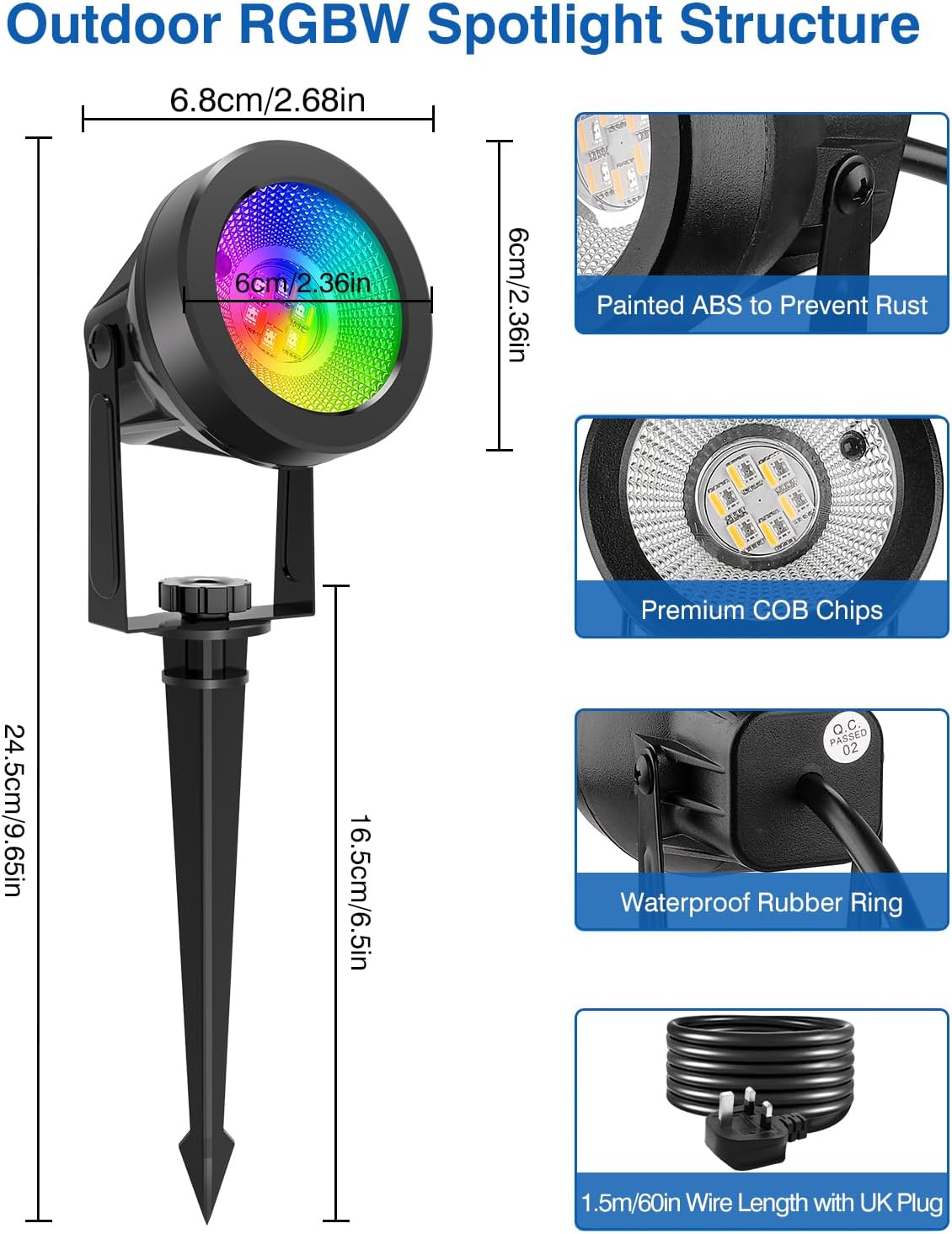 Detalle de NATPOW Garden Lights Mains Powered RGB Spot Lights (2 Pack) with 1.5m Cable and Remote – IP65 Waterproof