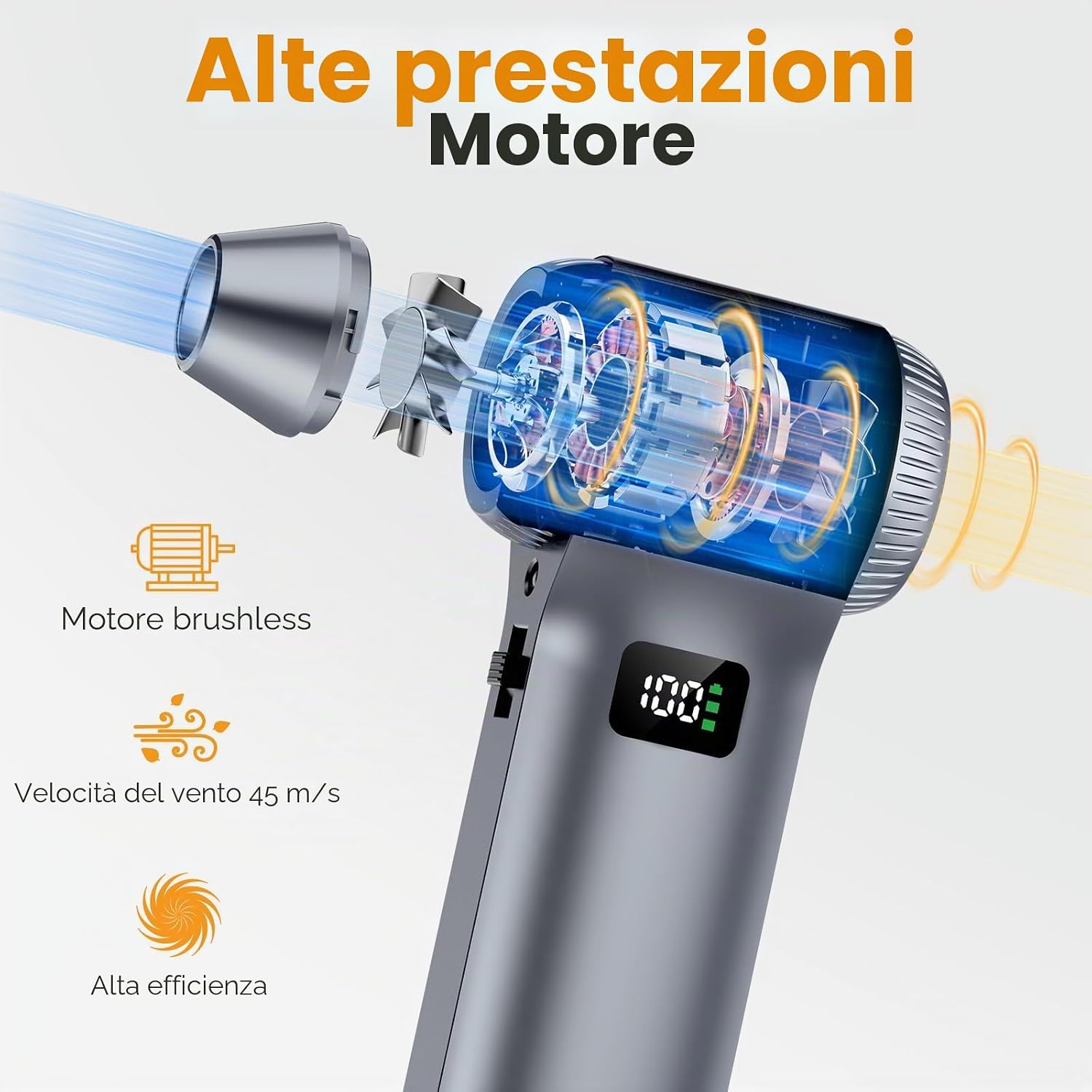 Detalle de Ventilatore elettrico Air Duster 230.000 giri/min con batteria 10.500 mAh e velocità regolabile a 100 livelli